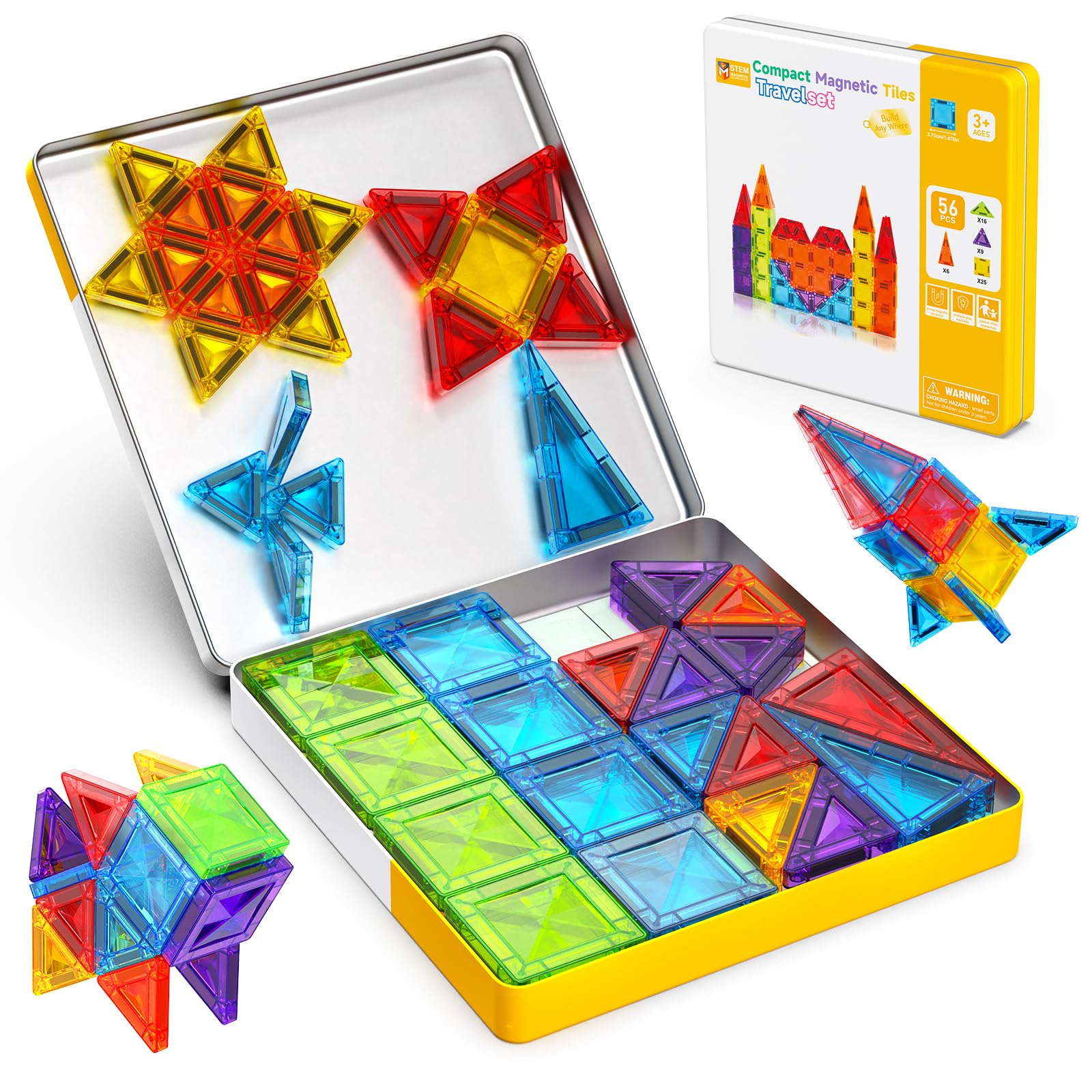 Costruzioni Magnetiche per Bambini 56 Pezzi in Valigetta Metallica - Gioco da Viaggio per Costruire Castelli, Razzi e Aerei - Giocattolo Montessori 3+ Anni - Blocchi Magnetici Regalo Creativo STEM