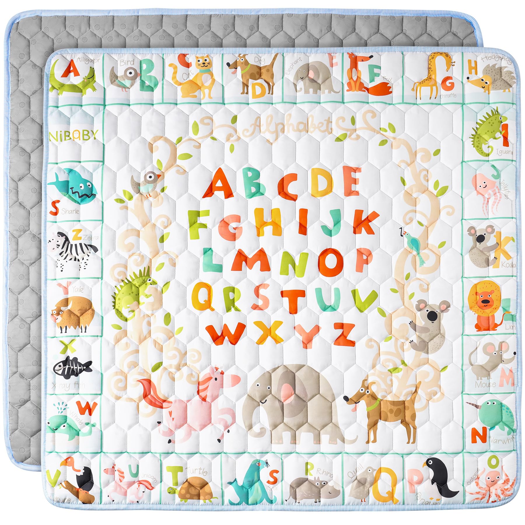 NiBaby Baby Krabbelmatte 127x127cm, Faltbare Spielmatte für Baby mit Rutschfeste Unterseite, Hypoallergen und Sicher für Babys, Krabbeldecke Baby Ideal für Innen und Außen,Maschinenwaschbar(Alphabet)