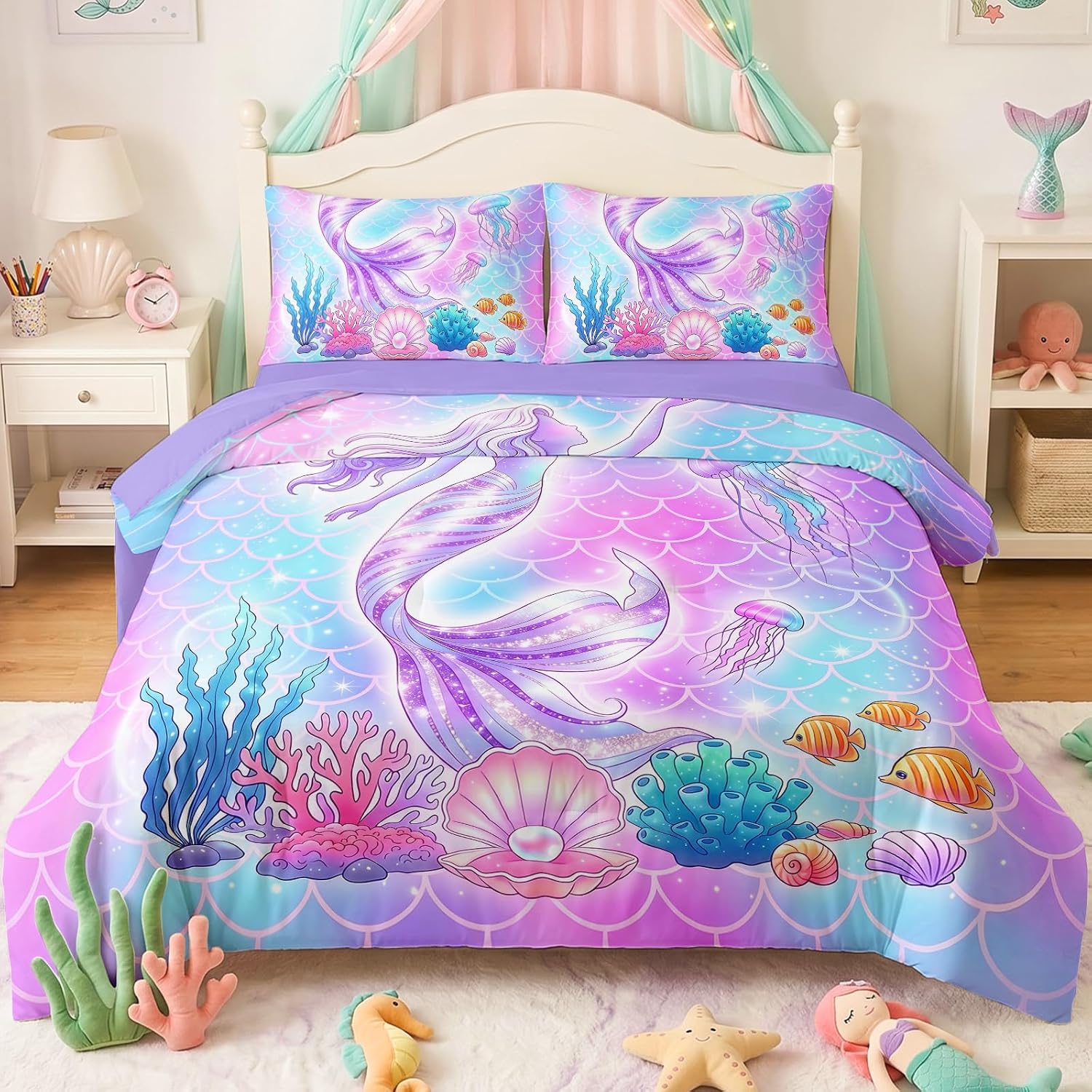 Girls Twin Mermaid Bedding Set, 5-Piece Kids Comforter Set with Mermaid Tail, Seashell & Ocean Design, Soft Machine Washable Bed in a Bag with Deep Pocket Sheets for Girls Room Decor & Gifts