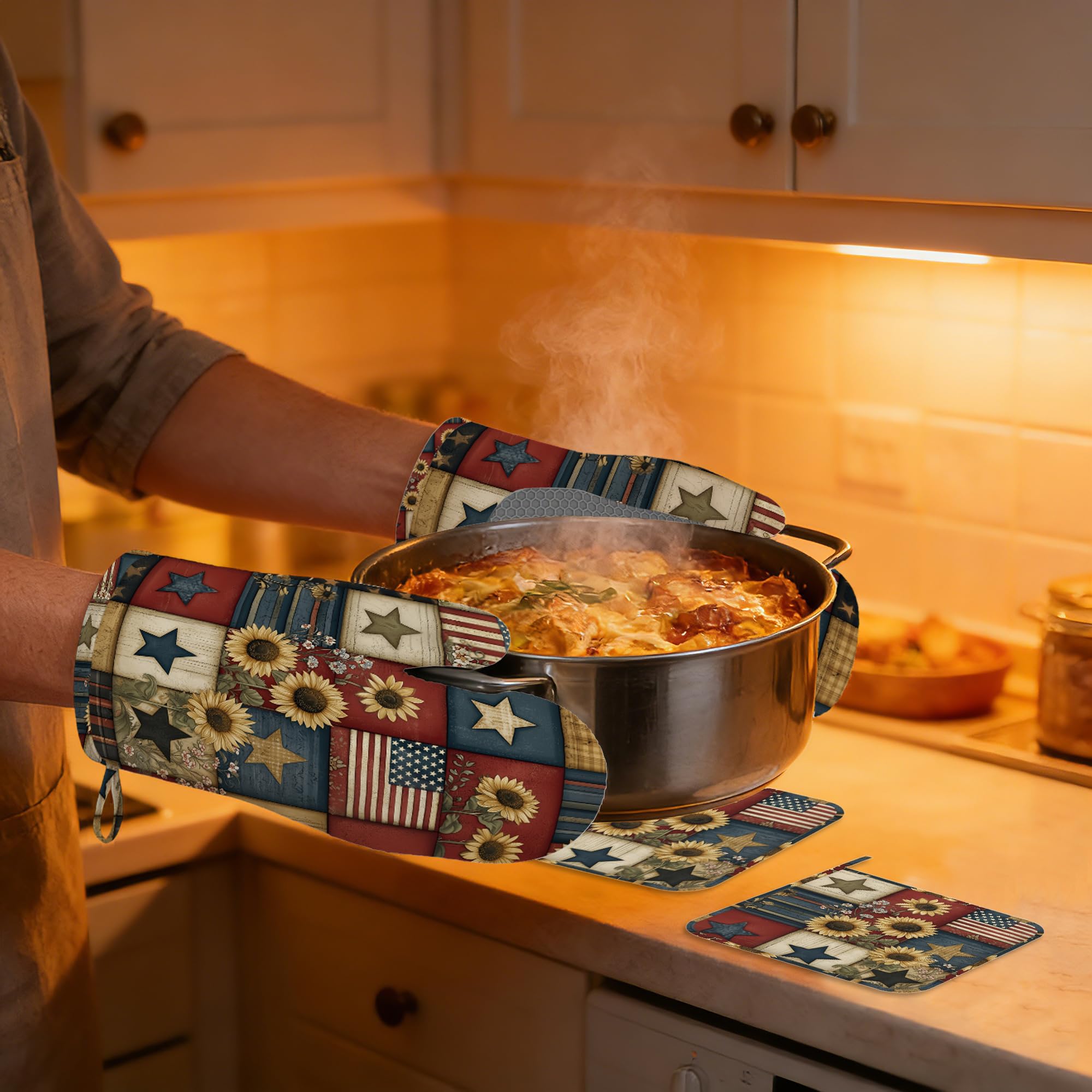 Juego de manoplas de cocina, juego de manoplas de horno y soportes para ollas, de algodón grueso, resistente al calor, bandera del 4 de julio, soporte para sartén caliente, guantes de cocina