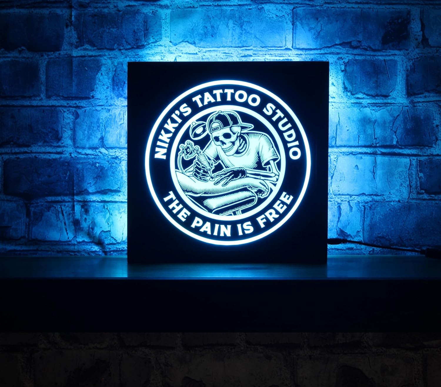 Personalized Tattoo Shop LED Sign – Skeleton Tattoo Artist Parlor Light Box Wall Decor – Custom Name Studio Sign for Tattoo Artists, Ink Shops & Parlors – RGB Remote – 12x12 – by Bones & Smoke Co