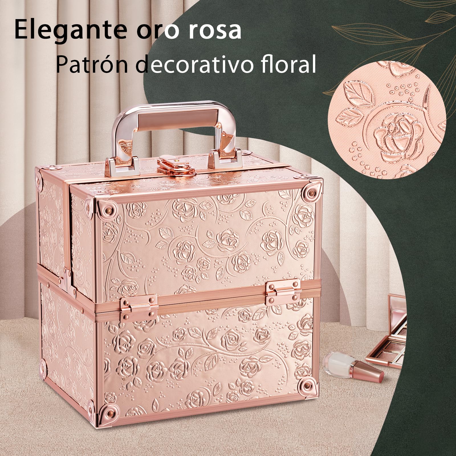 Maletín Maquillaje Cosméticos Estuche Maquillaje y 4 Tarias Maleta de Makeup Case Estuche Organizador Estuche de Uñas Joyero y Manicura Beauty Case de Viaje para Mujer Profesional, Rosa Oro