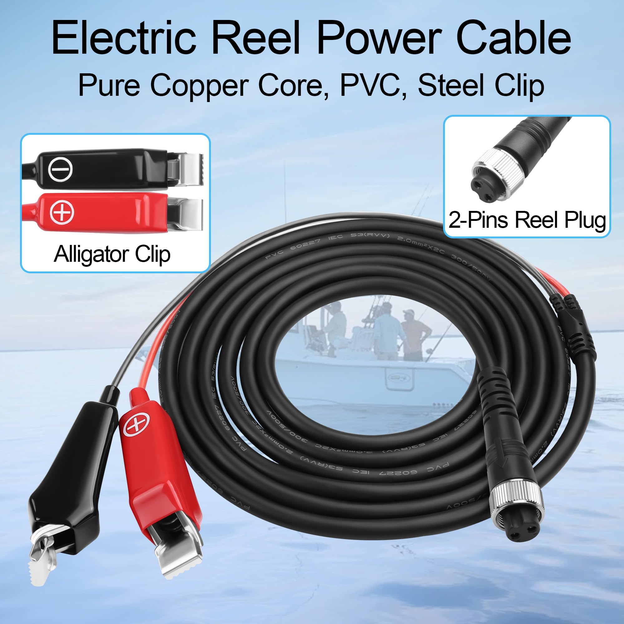 Elektryczny kołowrotek wędkarski, kabel zasilający, 2-pinowy kołowrotek wędkarski, kompatybilny z Tanacom 1000 750 500, Seaborg 500 MJ, Leobritz S400 500J S500