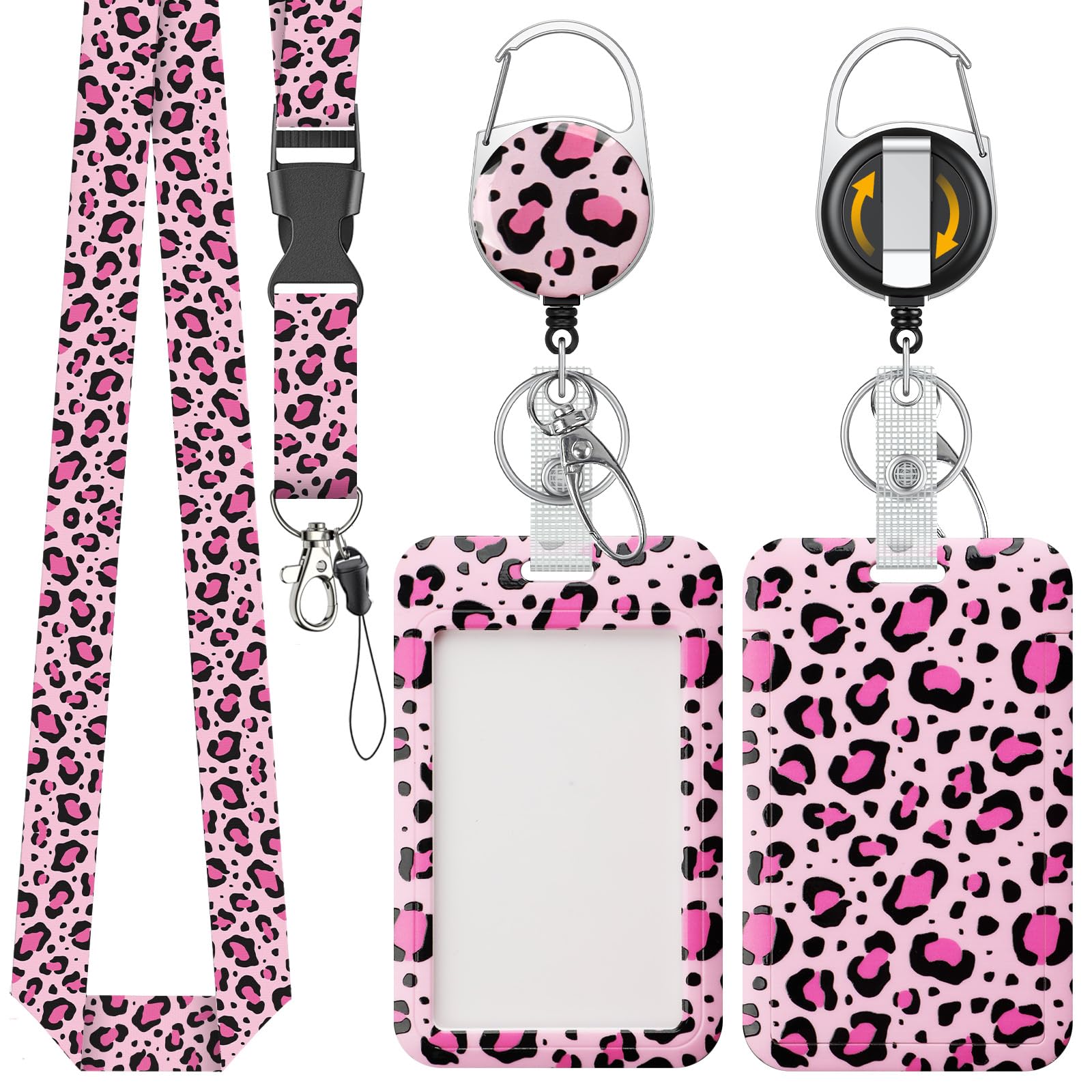 Uniclife Fashionable Sliding Badge Holder Pink Leopard Plastic Case with Retractable Badge Reel Carabiner Clip & Detachable Lanyard Strap Vertical Card Protector for Worker Nurse Teacher Student โ image 1