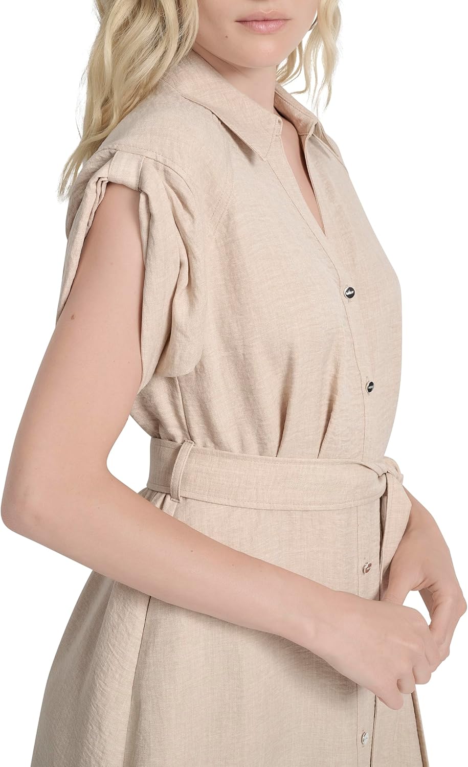 DKNY Womens Short Extended Sleeves Collared Neck Slit Pocket Dress with Removable Belt - Image 5