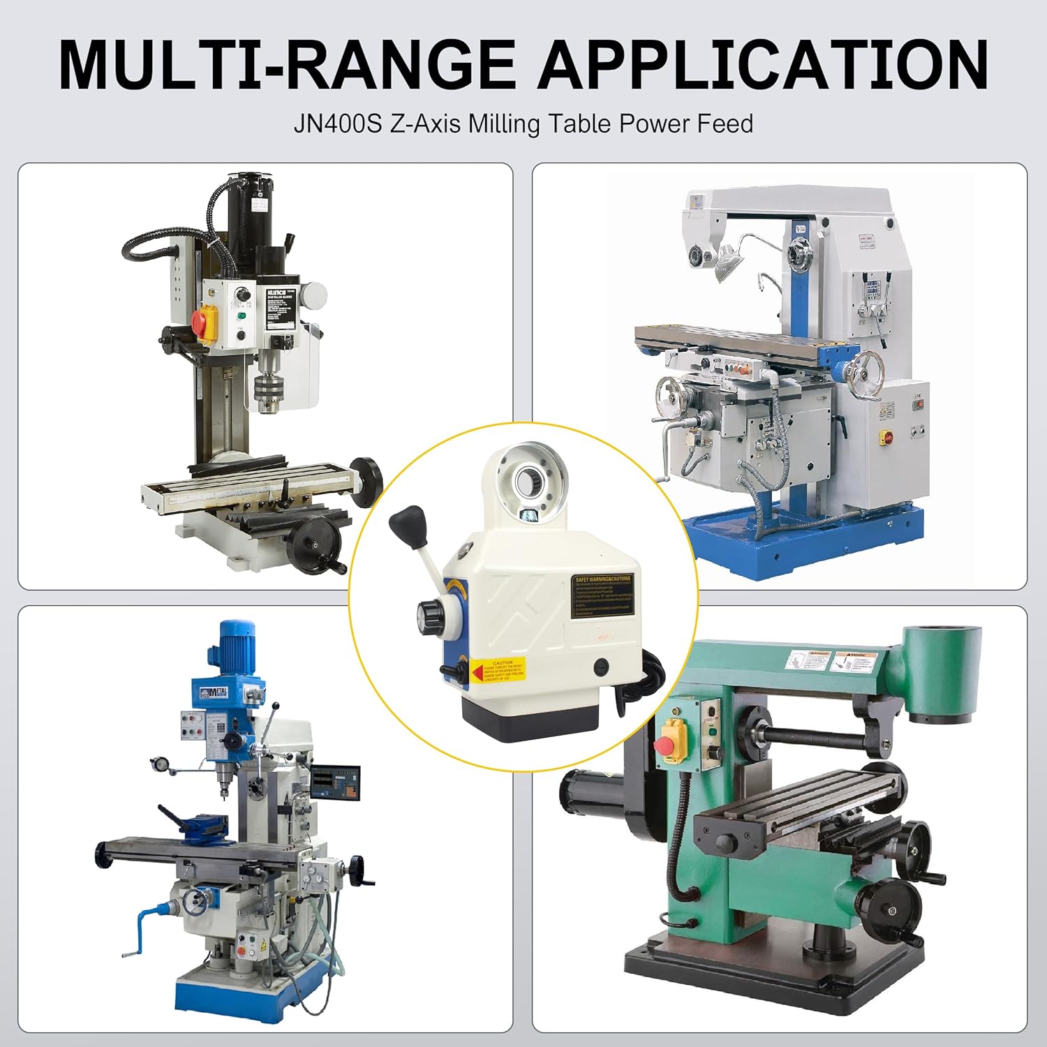 Table of specifications for the RATTMMOTOR JN400S Z-Axis Power Feed, including model, voltage, weight, current, speed range, and torque.