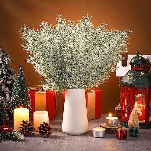 Miniatura 5 de Lyrow 96 piezas de agujas de pino artificiales nevadas de Navidad, ramas, ramitas de pino falsas, ramas de árbol falsas, ramas de pino sintético,