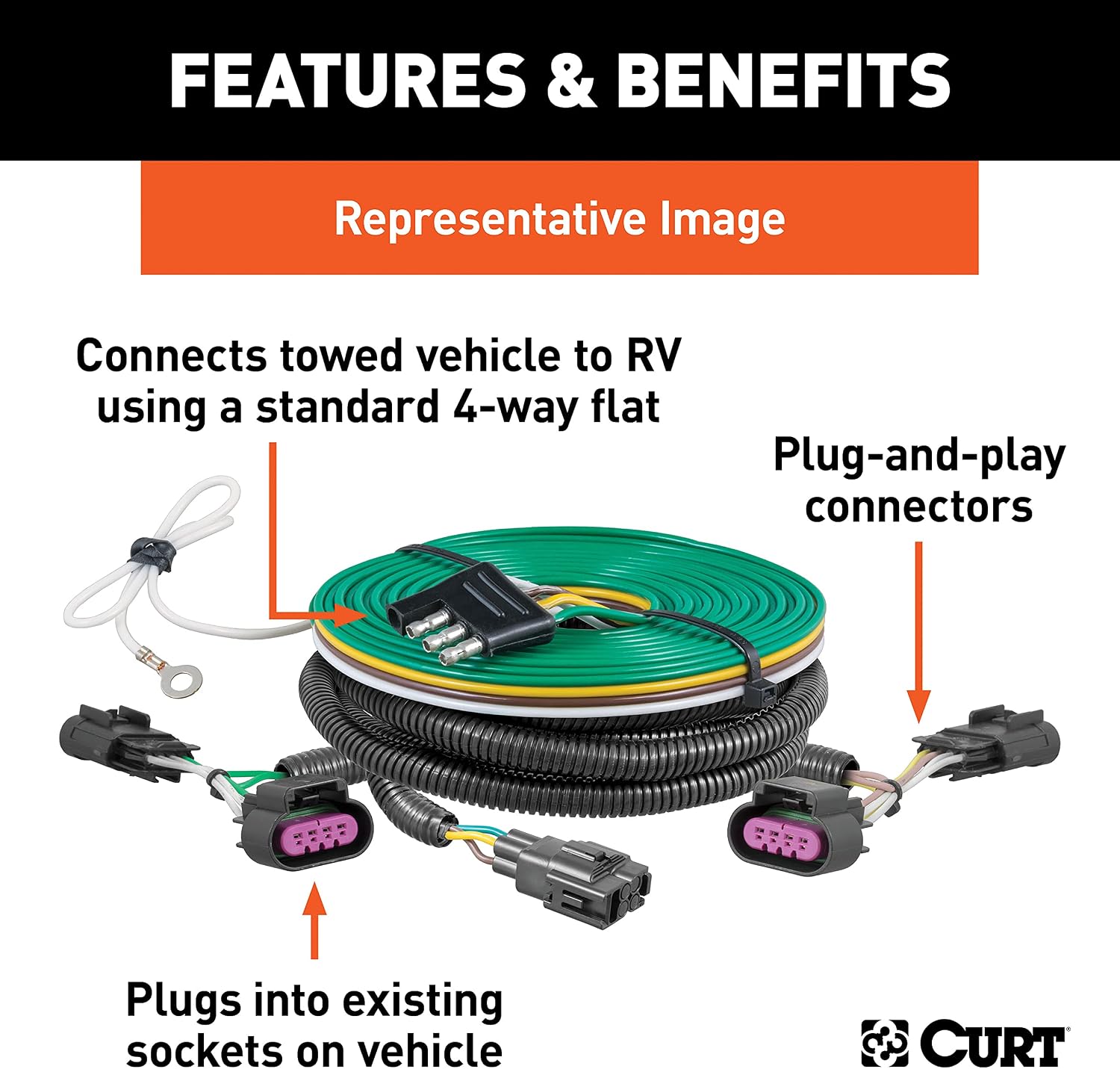 CURT 58988 Custom Towed-Vehicle RV Wiring Harness for Dinghy Towing, Fits Select Ford Expedition, Chevy Equinox (No LED Taillights)
