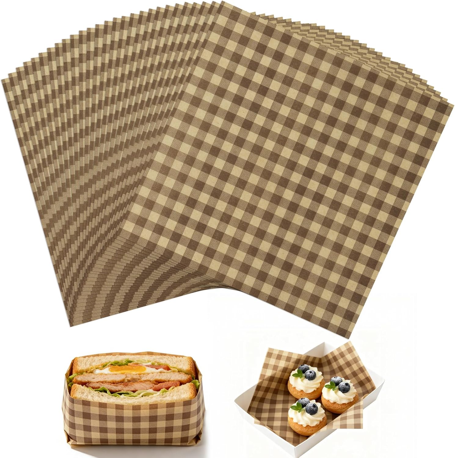 100 Pcs Waxed Deli Paper Sheets 12x12 Inch Greaseproof Food Basket Liners for Sandwiches, Burgers Wrapping, Multi-Color Checkered Paper for Kitchen, Food Truck, Party (100pcs 12”×12“)