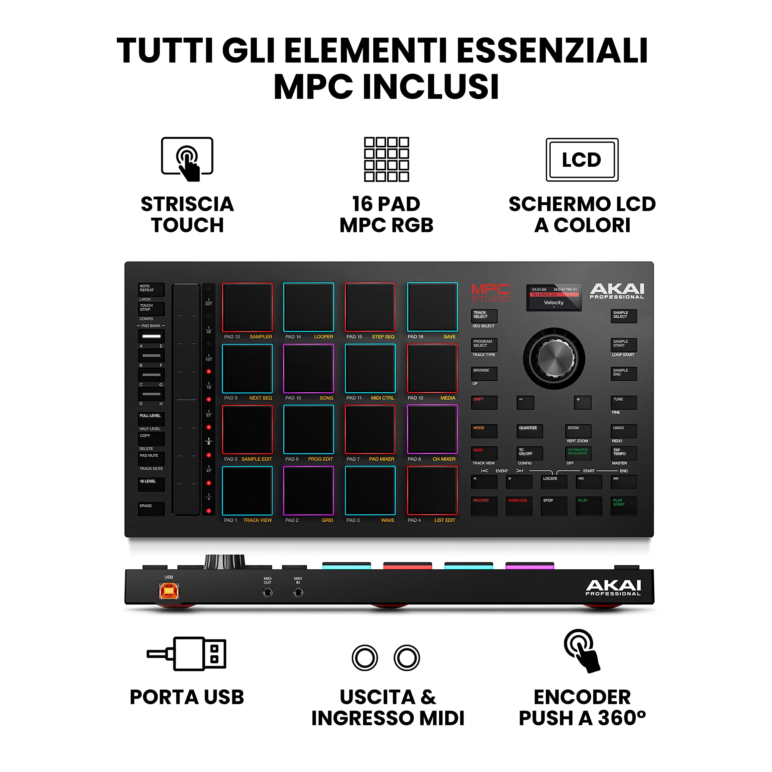 Akai Professional MPC Studio - Controller MIDI Beat Maker con 16 pad RGB sensibili alla velocità, software MPC, Touch Strip assegnabile e display LCD