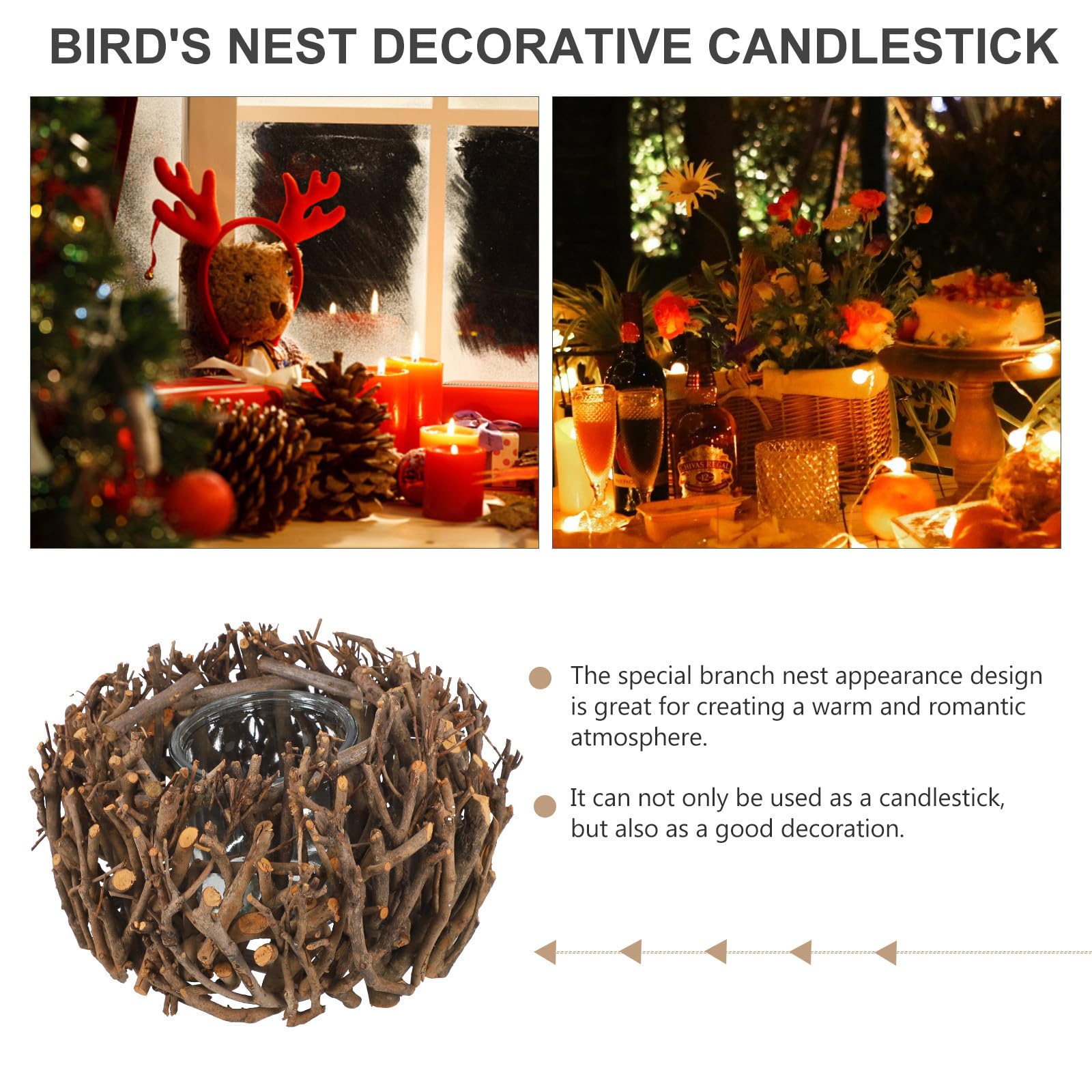 Candeliere Decorativo a Nido di Rami in Legno e Vetro Marrone