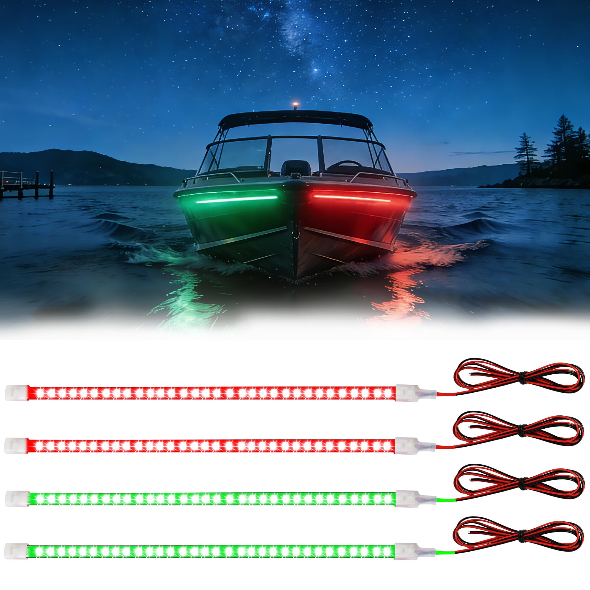 Navigation LED Light Strip for Pontoon, Jon, Kayak, Motor, Bass Boat, Jet Ski - Bow and Stern Underwater Marine Night Fishing Lighting - Red and Green IP68 Waterproof 12V 60cm 24inch