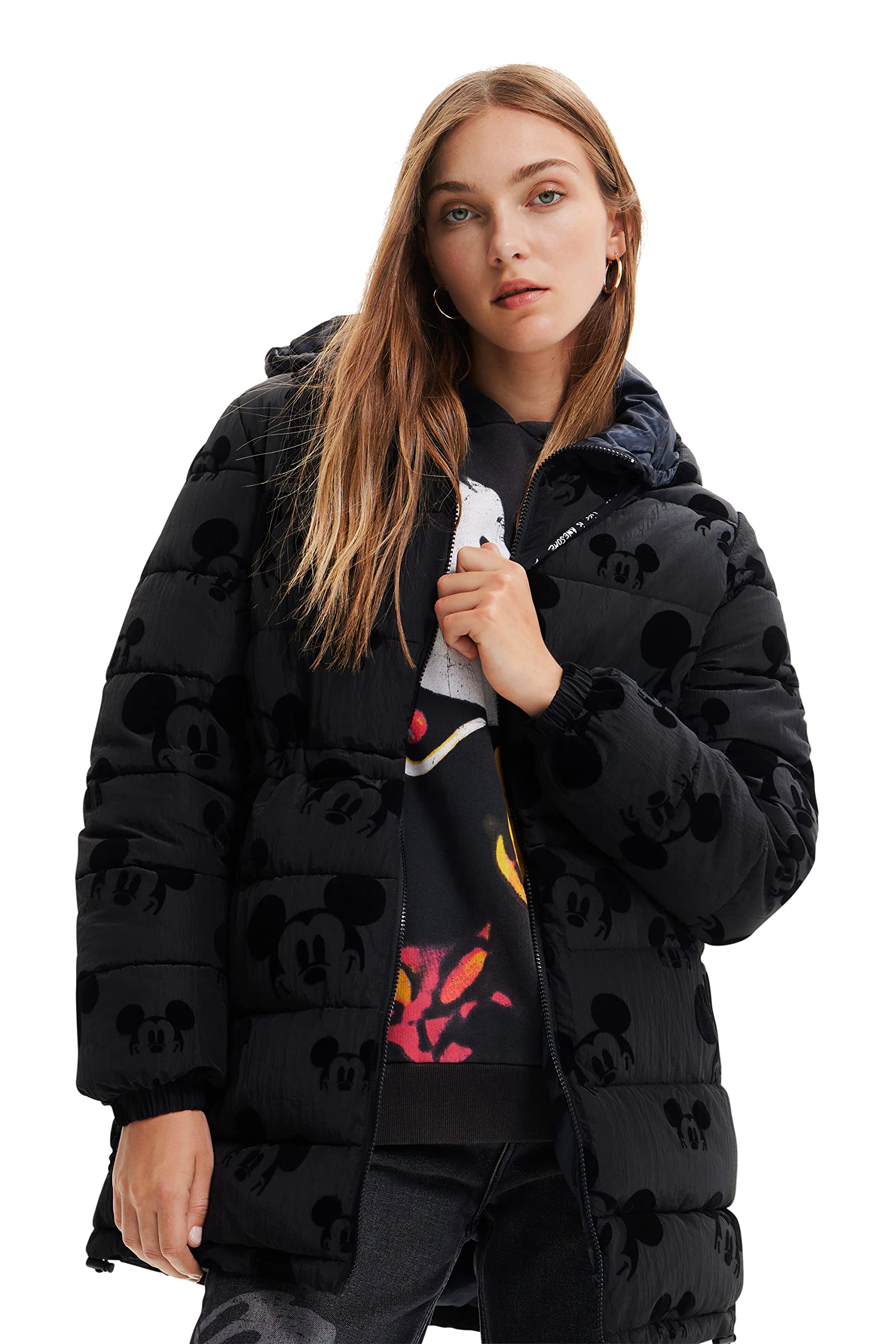 Desigual Padded_mickey, 2000 Black, CAPPOTTO LUNGO IMBOTTITO Donna