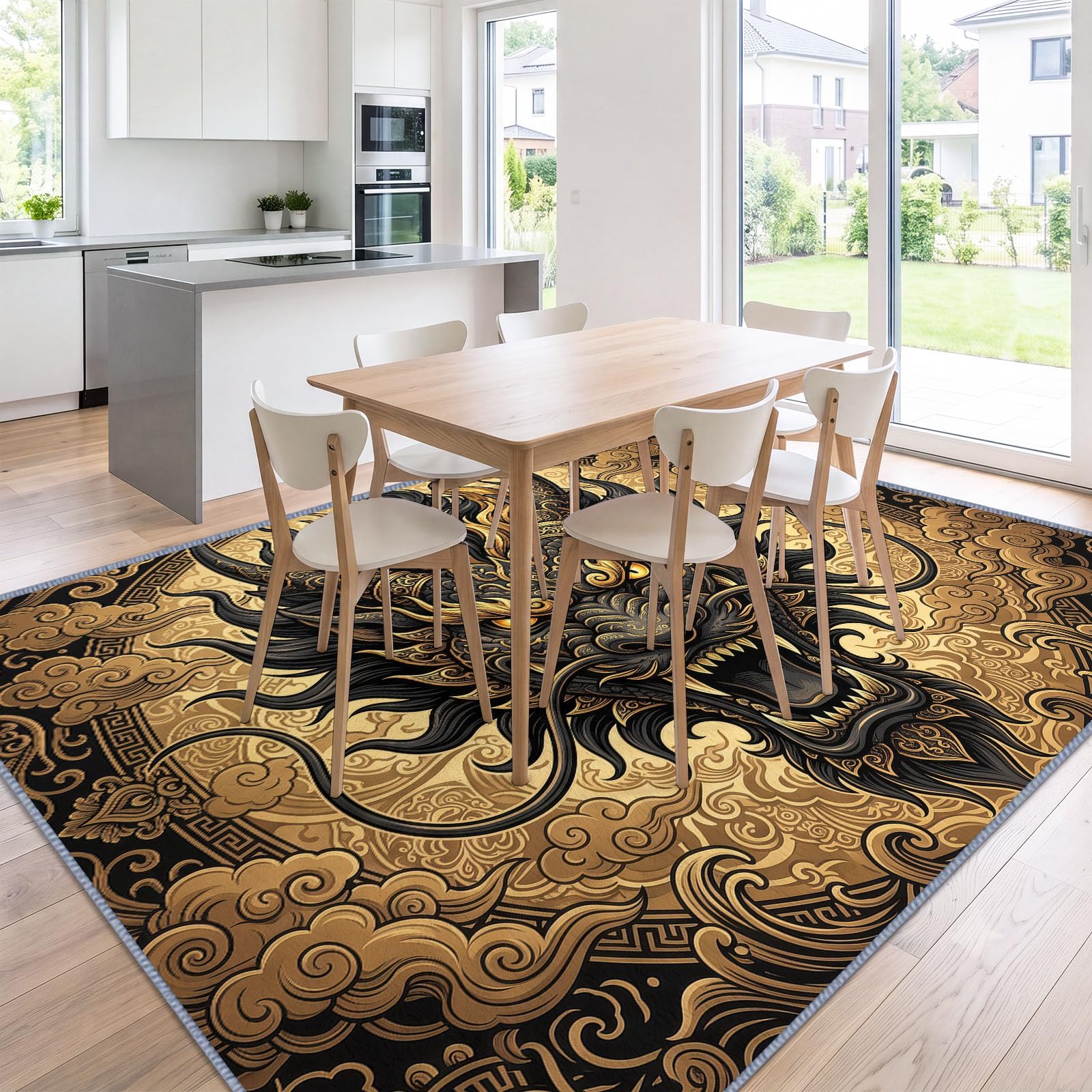 Tête Dragon Noir Nuages Fastes Tapis Salon Antidérapant Lavable 140x200cm