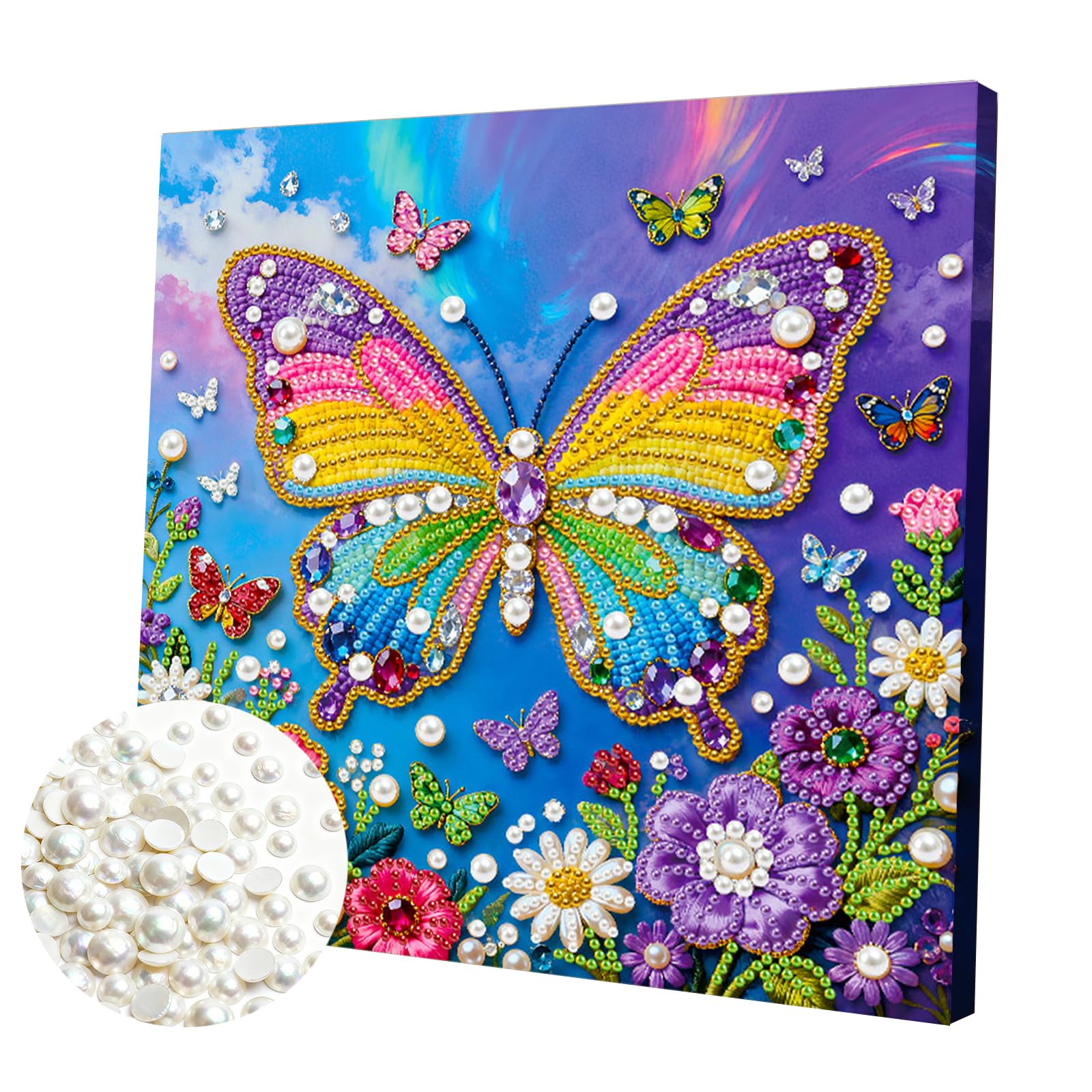 DIY Pearl Painting Kit with Wooden Frame, 3D Plastic Pearl Gemstone Ocean Art Craft for Adults Beginners, Diamond Dot Painting, Home Wall Decor Ready Gift for Women(Flower Butterfly-1)(25 * 25cm)