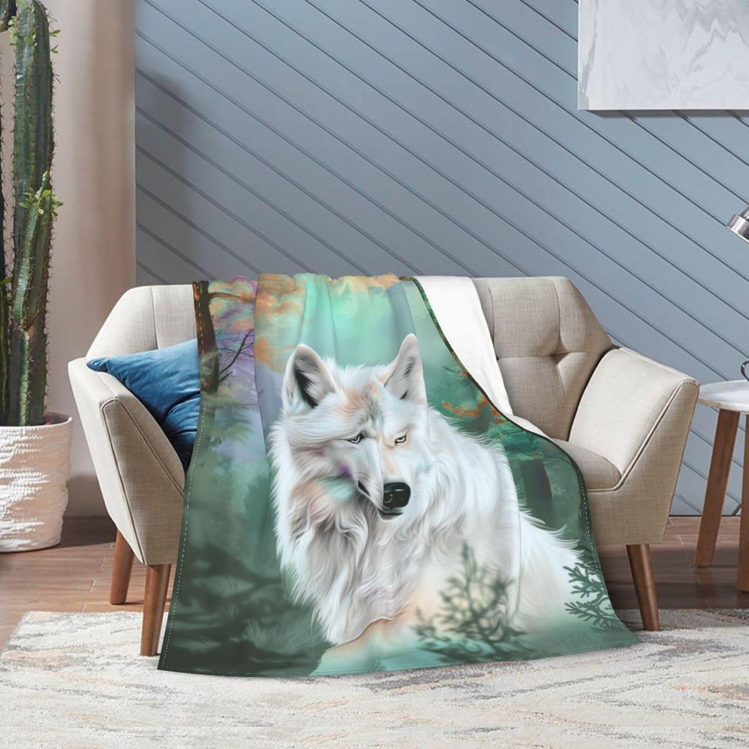 Forest White Wolf Fleece Blanket for Bed 80"X60" - Soft Cozy Warm Lightweight Plush Flannel Animal Throw Blanket for Couch Sofa-Wolf Gifts Blanket for Women Men