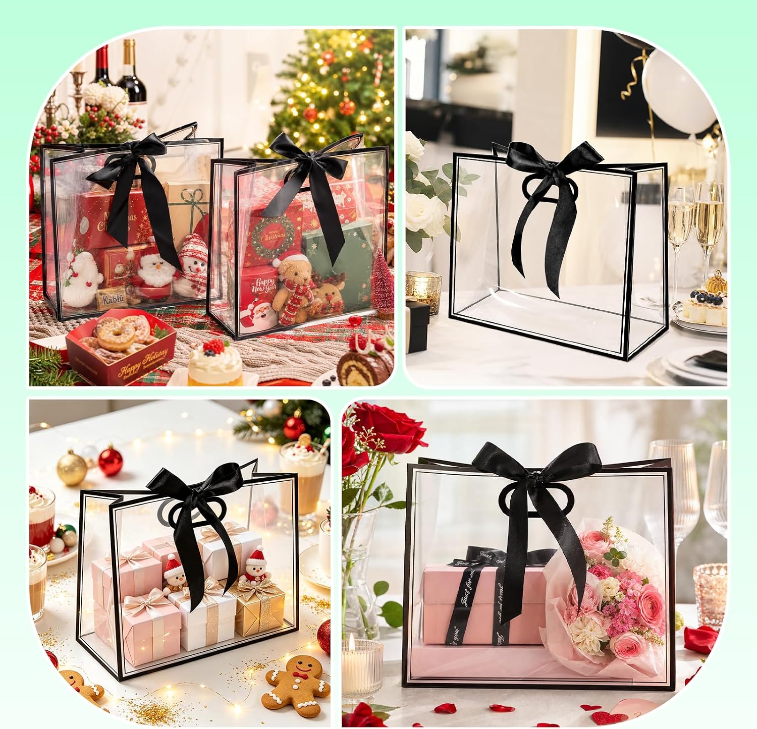 BadenBach 6 Pack Clear Gift Bags with Handles, 12" x 10" x 5", Black image 4