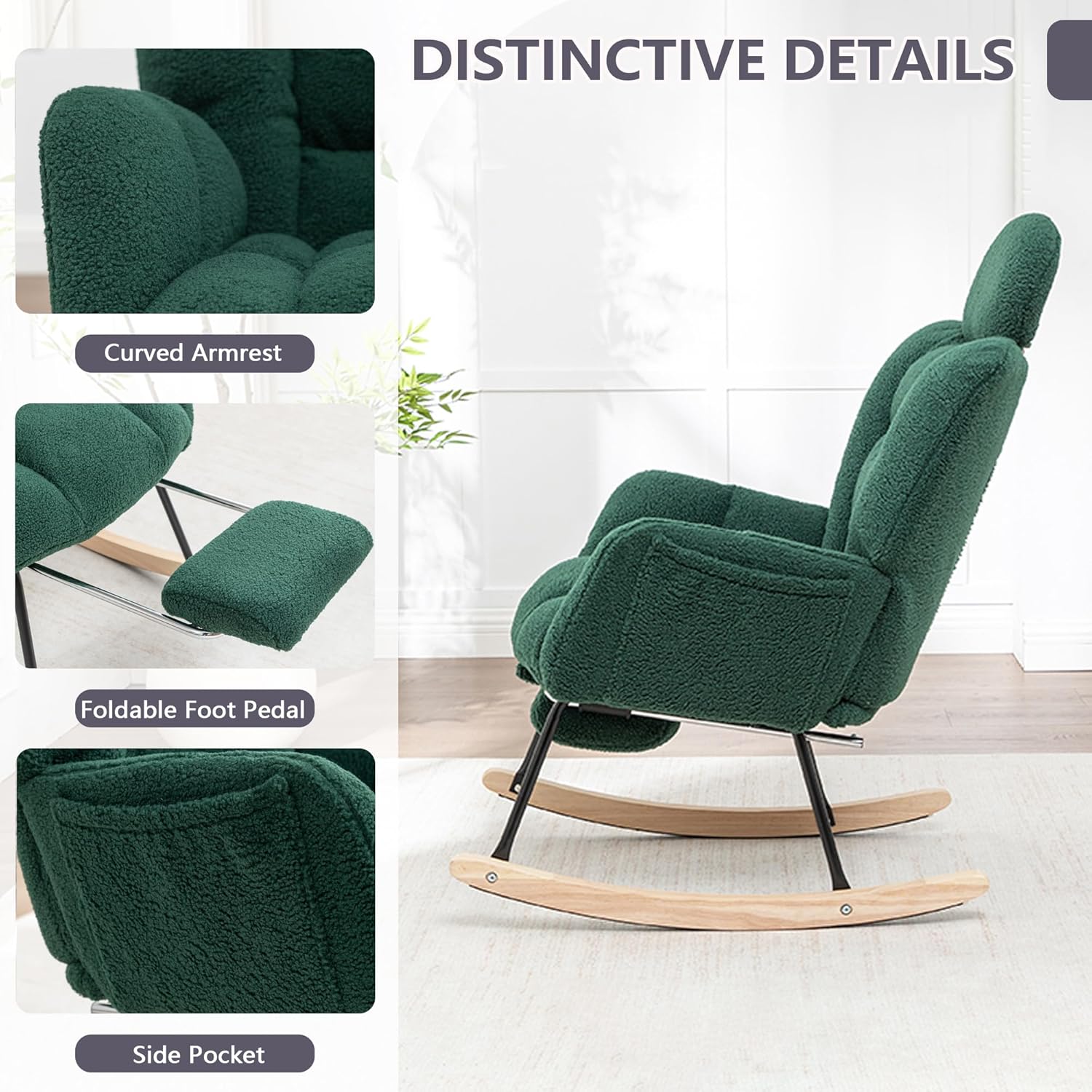 MINCETA Nursing Rocking Chair with Foot Rest, Modern Nursery Chair for Breastfeeding and Relaxing, Upholstered Glider with Head Support, High Back Ergonomic Design for Nursing Mom and Baby, Green