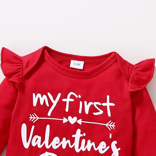 Miniatura 4 de YOUNGER TREE Conjunto de 3 piezas de ropa de San Valentín para bebé, recién nacida, mi primer día de San Valentín, mameluco con patrón de amor