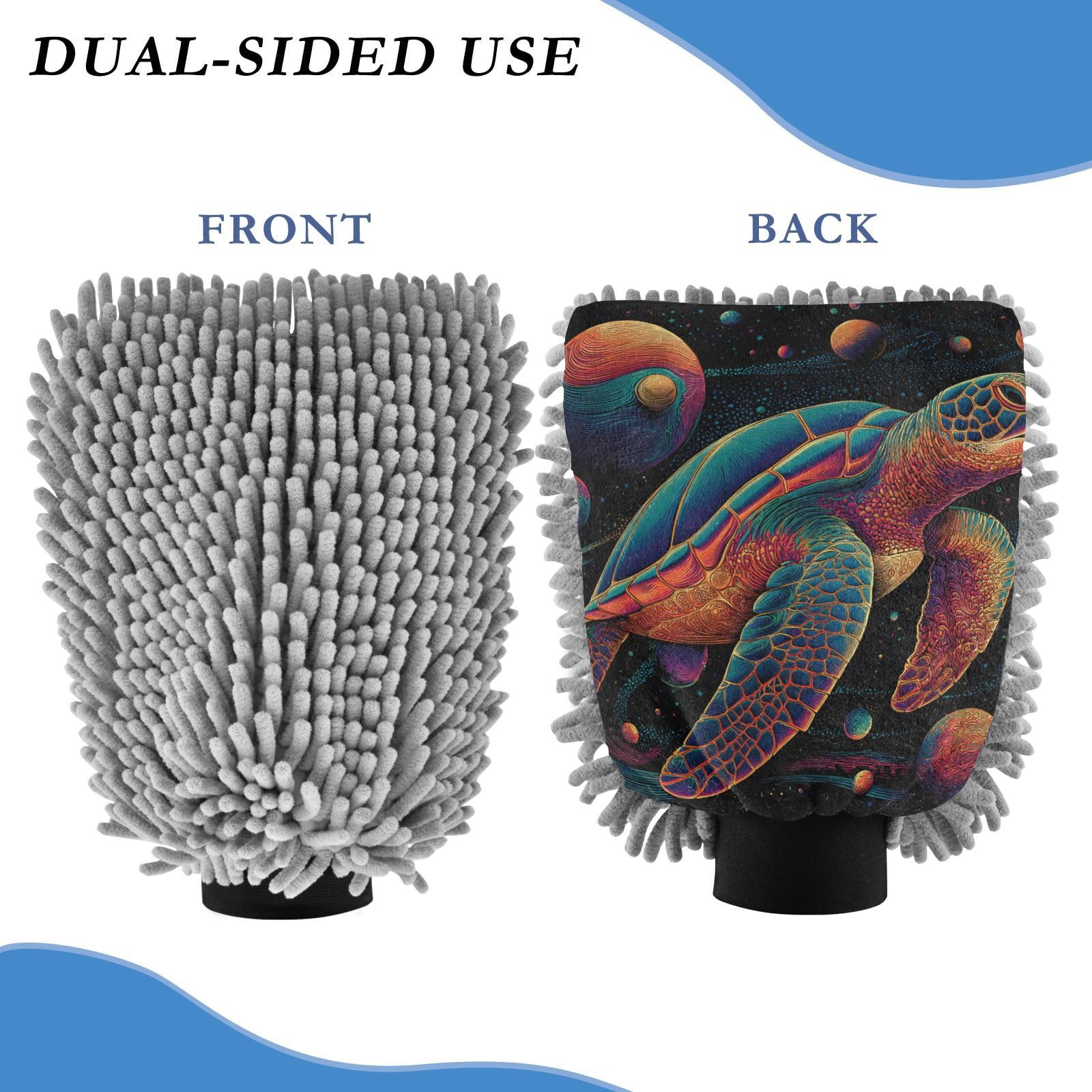 ALAZA Sea Turtle with Planets Car Wash Mitt Scratch Free, 2 Pack Absorbent Microfiber/Chenille Washing & Drying Mitts, M