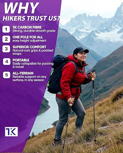 Miniatura 4 de Bastones de senderismo plegables y ligeros  Bastones de senderismo para personas mayores, agarres de corcho ajustables de fibra de carbono nórdicos