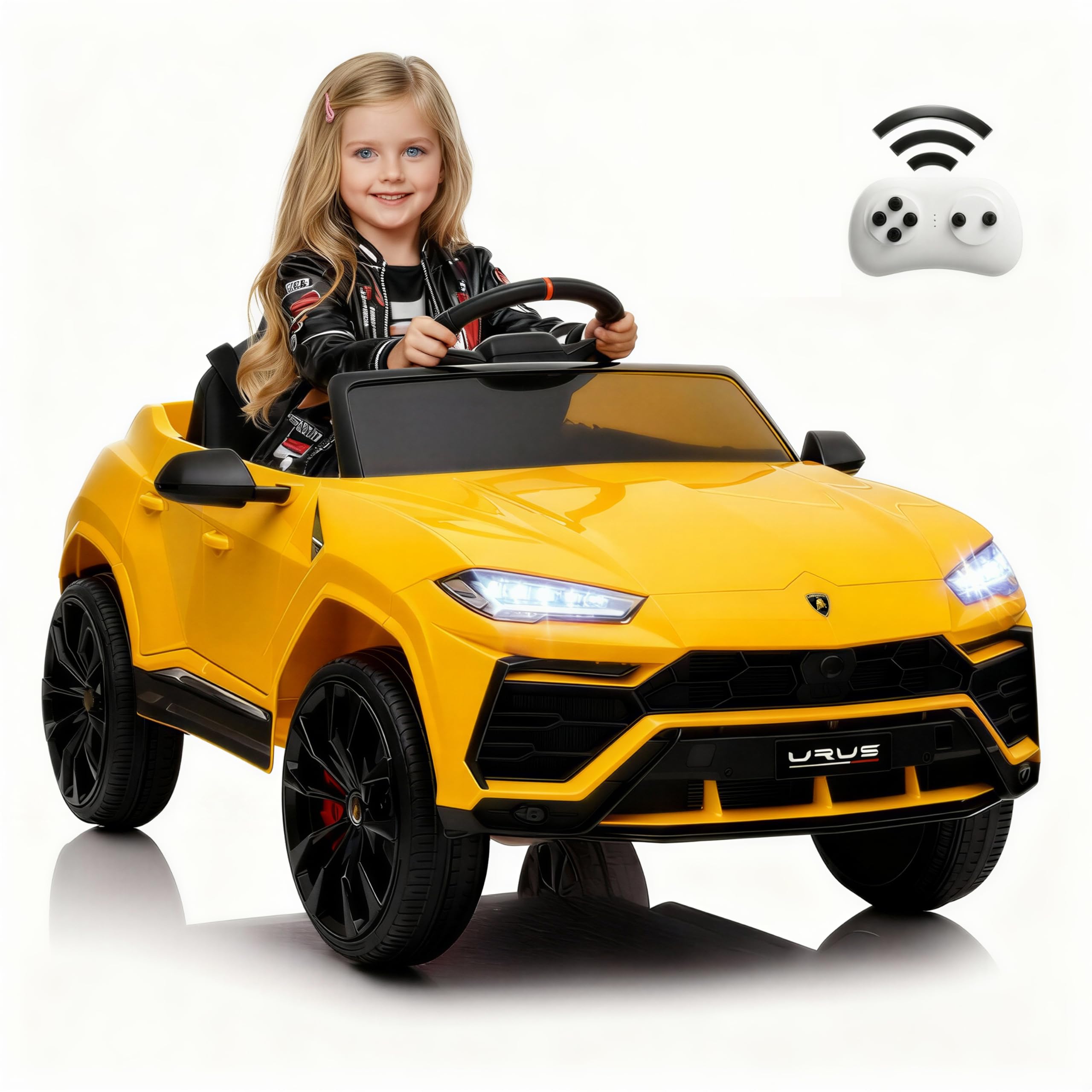 Licensed Lamborghini Urus Ride On Truck Car Toy, 12V Battery Powered Electric 4 Wheels Kids Toys w/Parent Remote Control, Foot Pedal, Music, Aux, LED Headlights, 2 Speeds (Yellow)