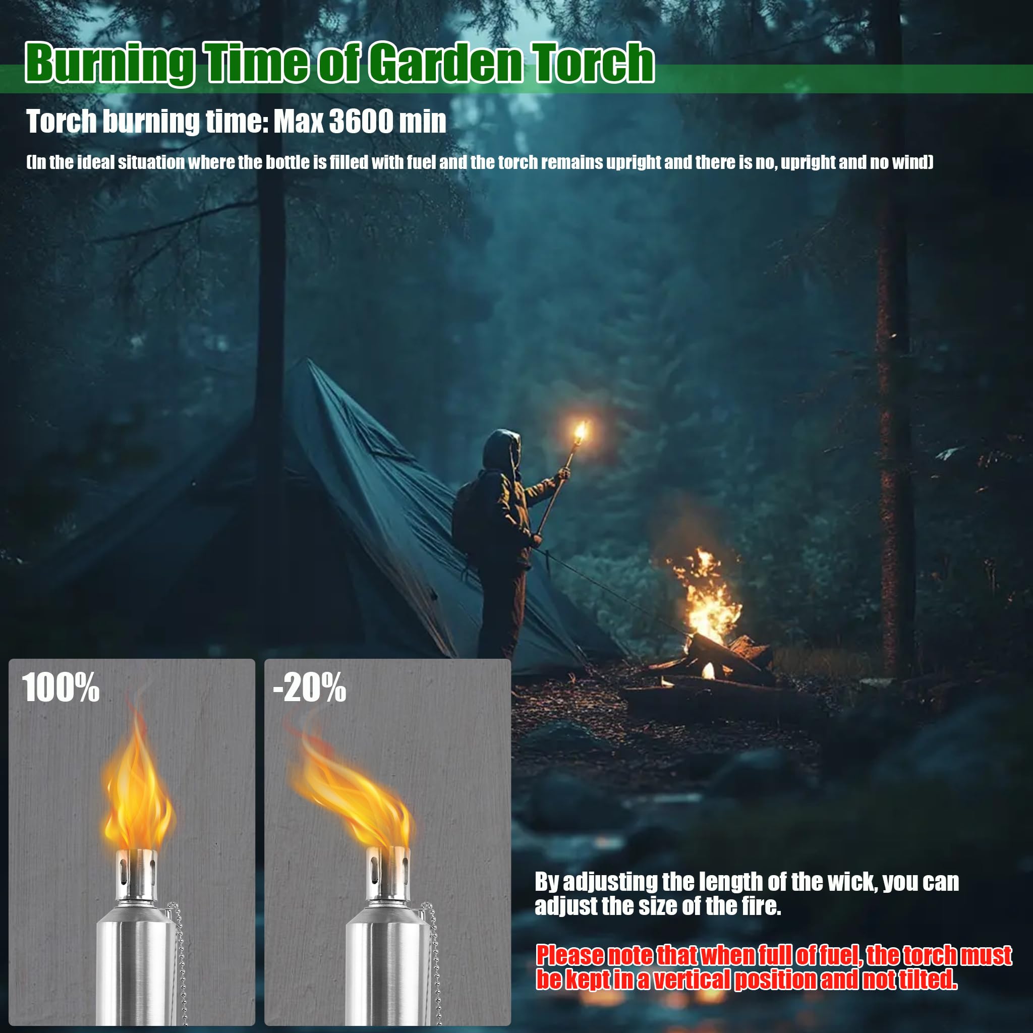 Edelstahl Gartenfackeln Öllampen Set Garten Fackeln für Draußen | Wanderung Handfackel mit 330ml Edelstahlbehälter, Dochte & Höhenverstellbar 55-115cm Griff, Öl Laternen Outdoor (6 Stück)
