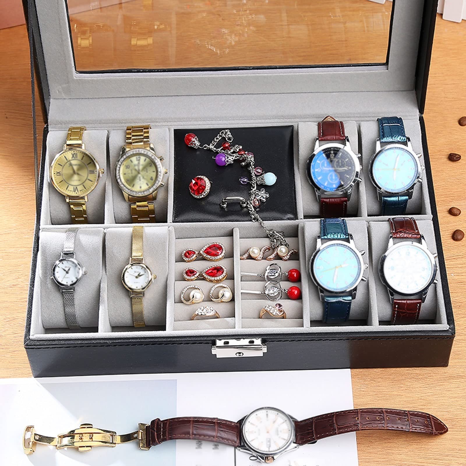 YZCIS Uhren-Organizer mit 6 Fächern, transparentes Gehäuse mit Schublade zur Aufbewahrung und Schmuck-Präsentationsbox (A)