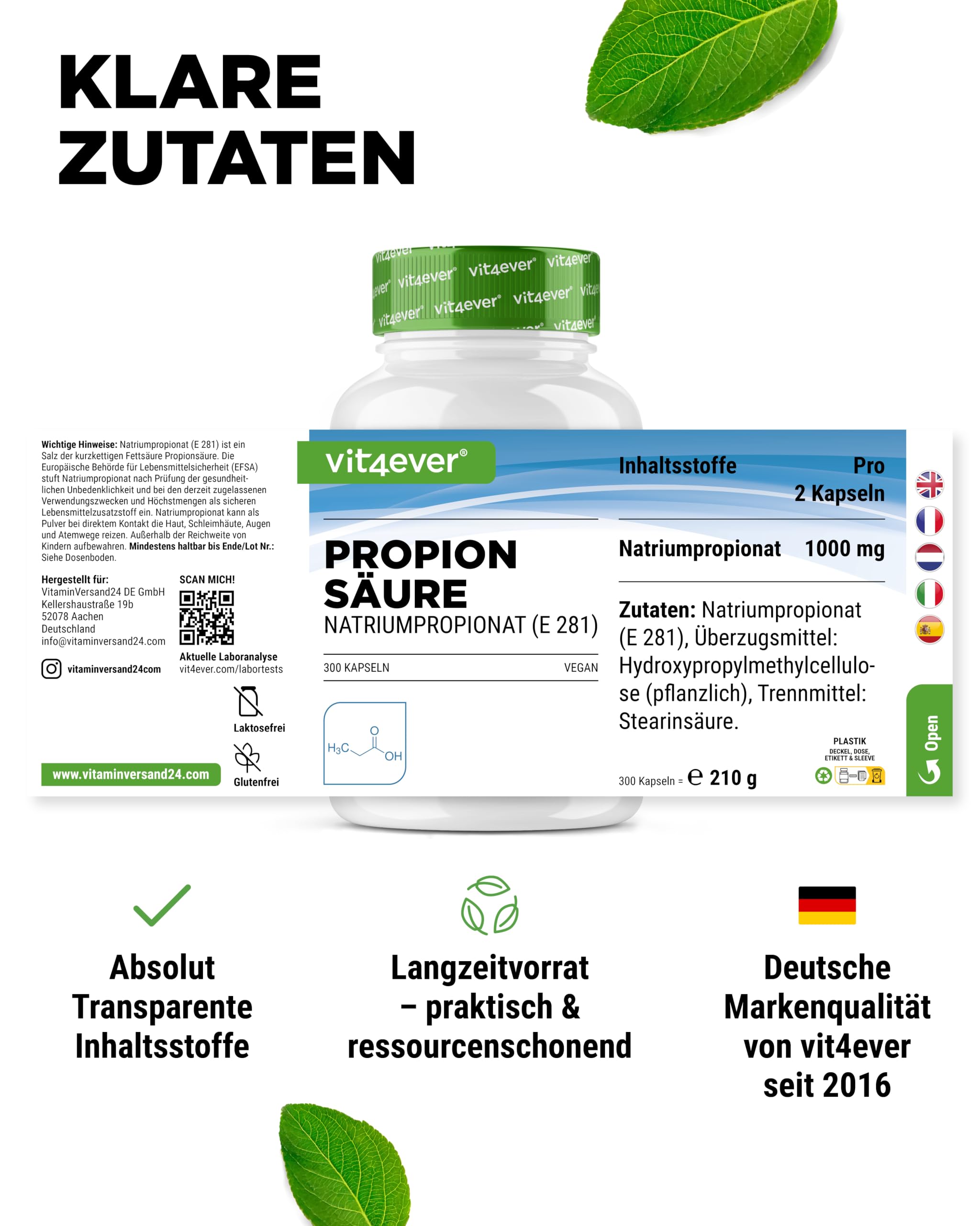 vit4ever Propionsäure (Natriumpropionat E281) - 300 vegane Kapseln | 500 mg pro Kapsel, Kurzkettige Fettsäure, Premium Qualität
