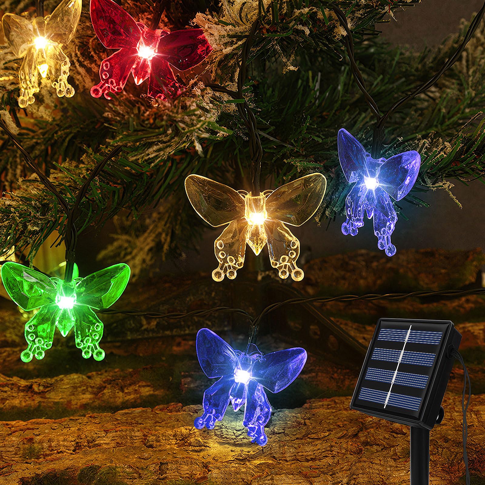 Guirnaldas Luces Solares Exterior, 5M 20LEDs Impermeable Luces Mariposa, 8 Modos Cadena de Luz Exterior Solar Decorativa Jardín Navidad Bodas Patio Festivales