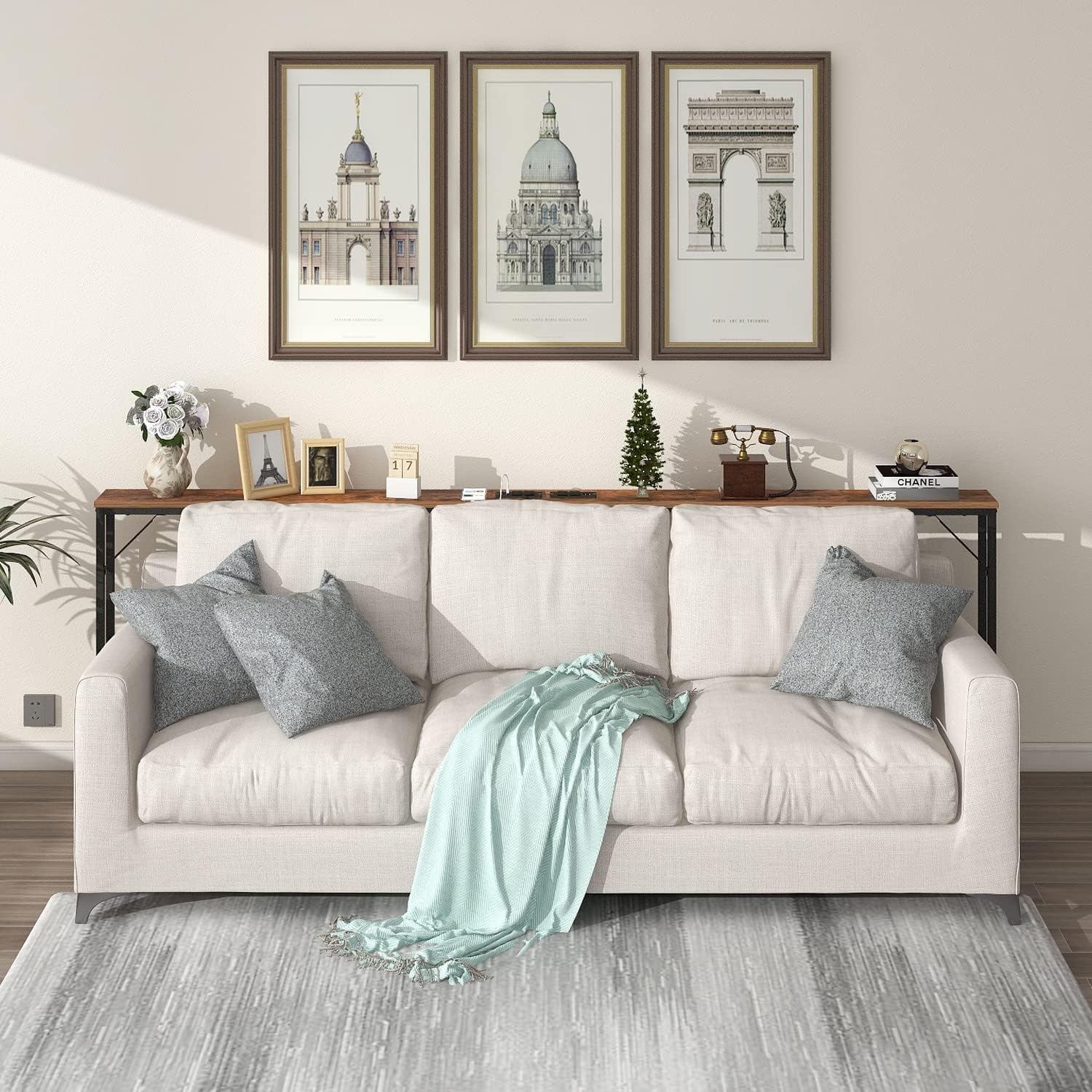 Tohomeor Skinny 5.9" Console Table 47.24" Narrow Long Sofa Table with Power Outlets USB Ports Industrial Wooden Entry Table for Entryway Living Room Hallway (Brown, L-94.4xW-5.91)