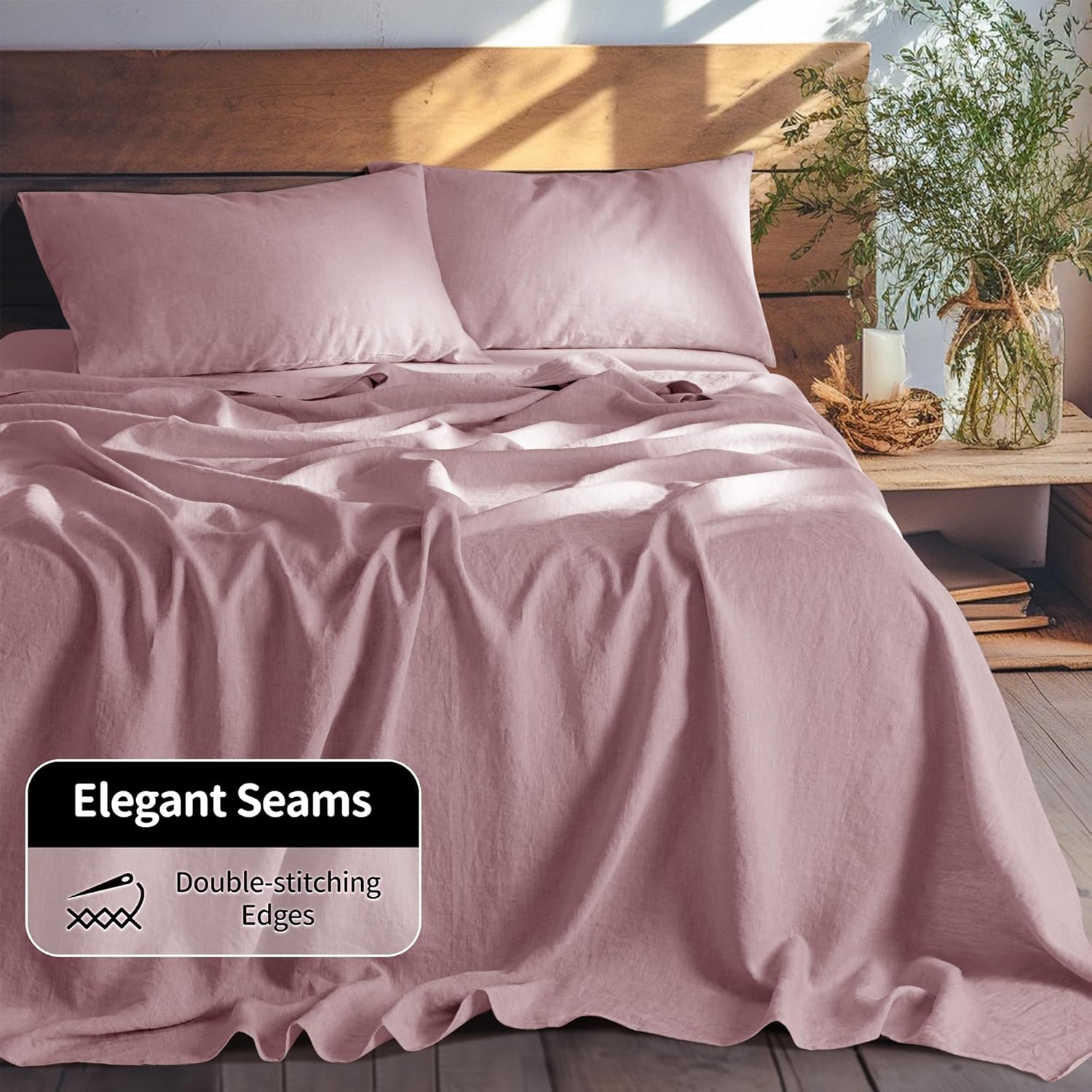 LBRO2M 100% Pure Linen Sheet Set Deep Pocket Up to 16" Bed Sheets Sets, Natural Flax Beddings Soft, Breathable, Comfortable for All Seasons Twin Size, Embroidery Purple