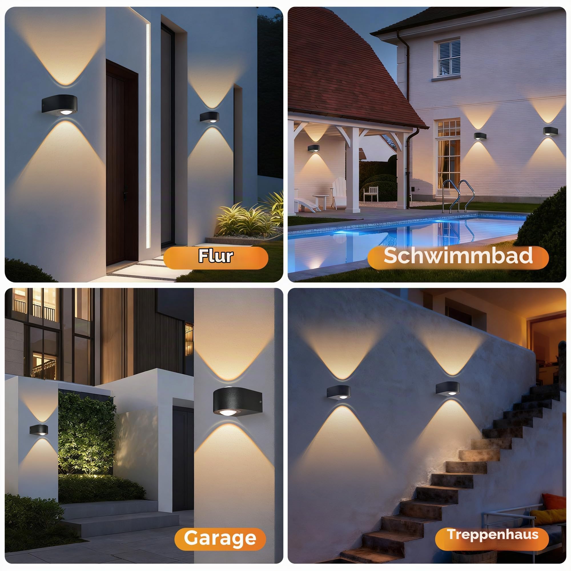 MALORY 4 Stücke LED Wandleuchten Innen/Außen, 8W Außenwandleuchten IP65 Aussenlampe Wand, Up Down Außenleuchte Außenwandleuchte 3000K für Außenbeleuchtung Hauswand Garten Terrasse