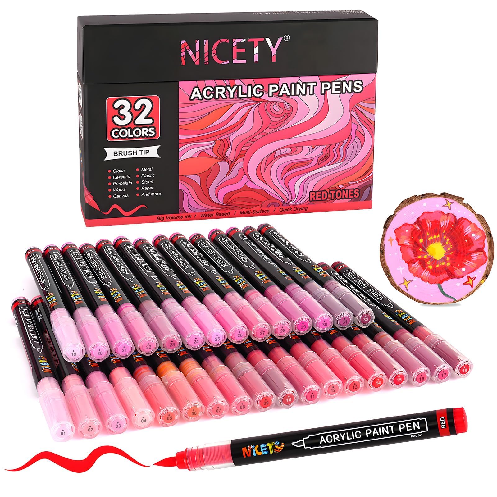 NICETY 32 Acrylstifte für Steine Wasserfest Pinselspitze DEFT