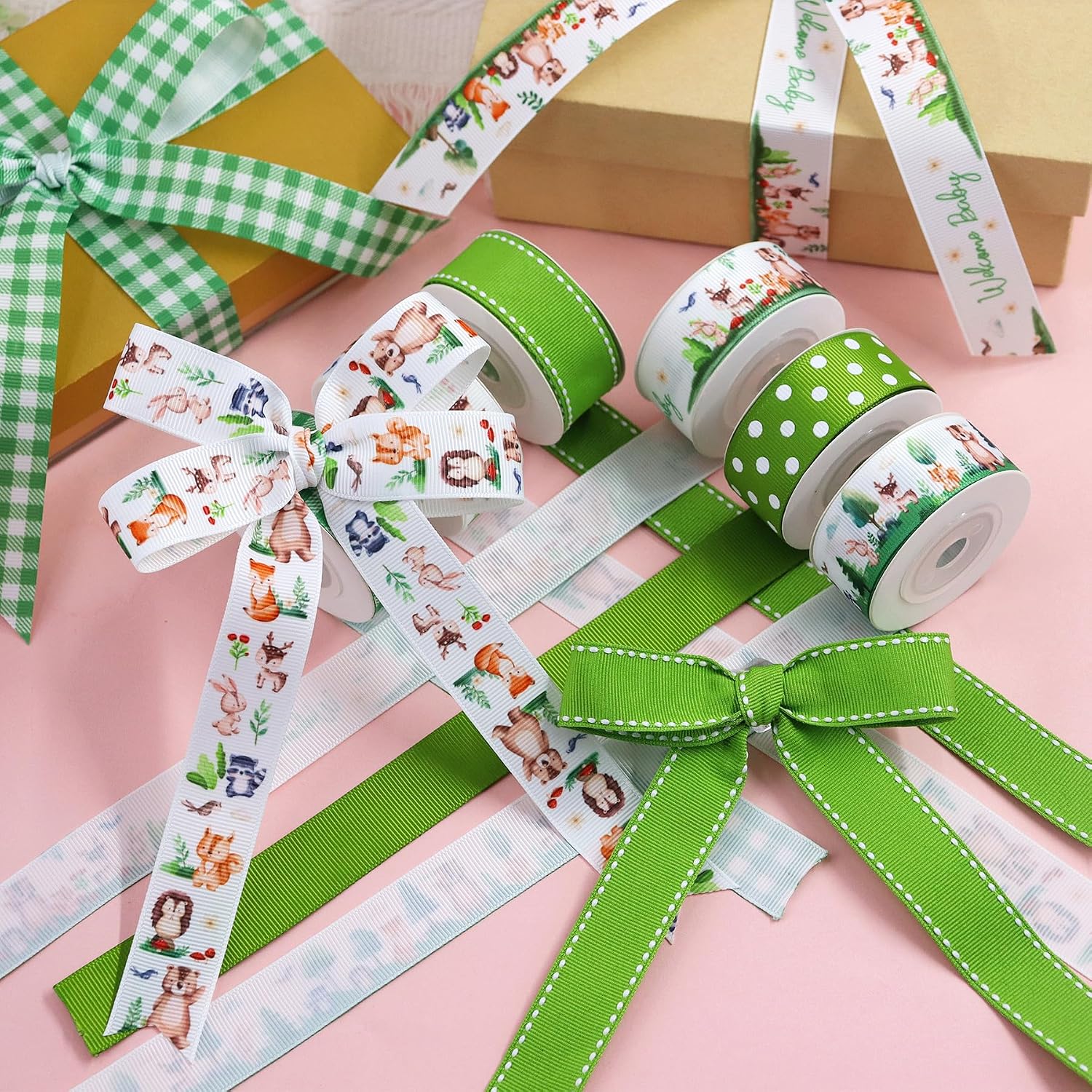 5Yardx6 Rolls Grosgrain Ribbon Mixed Style 7/8" X 30 Yards Forest Animals Tree Crafts,Wreath,Gift Wrapping,Birthday Shower Party Decoration and DIY Handmade Hair Bows