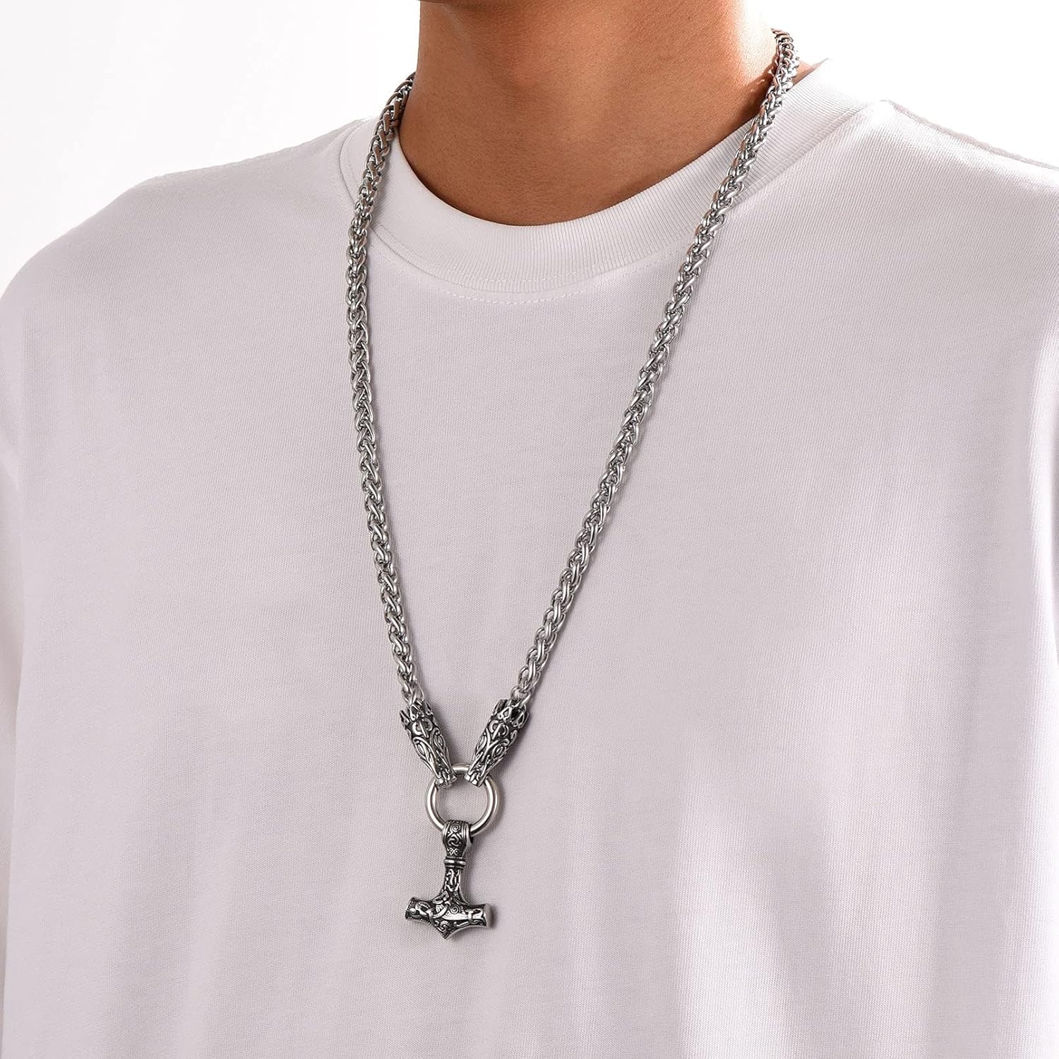 FaithHeart Men Punk Norse Viking Necklace Chunky Necklace, Stainless Steel Mjolnir/Celtic Knot Wolf Head Chain Pendant Amulet Jewelry Gift Packaging - Image 2