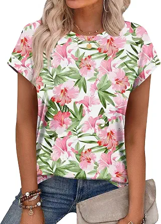  Womens Summer Tops Short Sleeve Shirts Crew Neck Cute Trendy Tunic Blouses (S-3XL)
