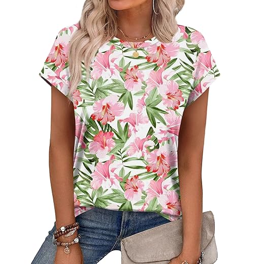 Alaroo Womens Summer Tops Short Sleeve Shirts Crew Neck Cute Trendy Tunic Blouses (S-3XL)