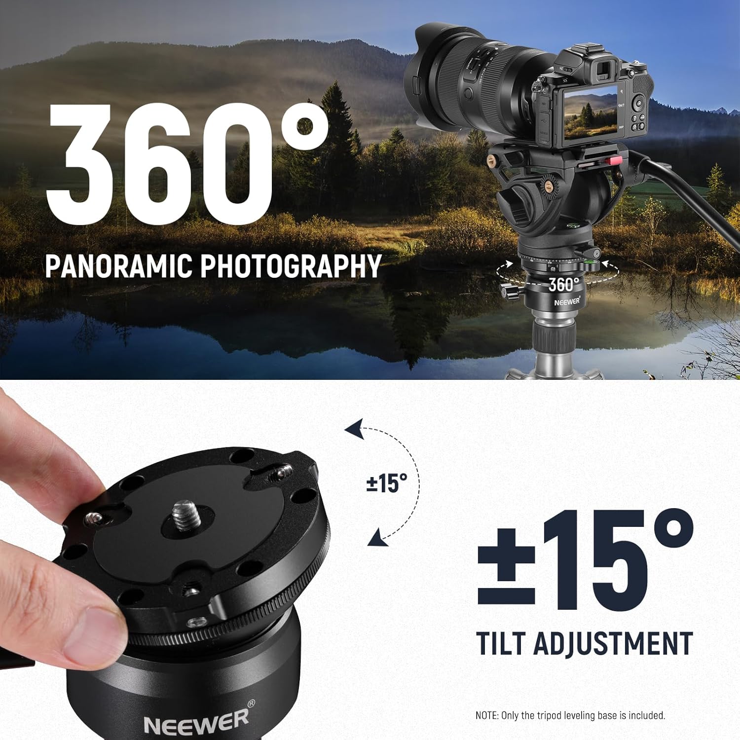 Image showing a camera on a tripod with the leveling base, demonstrating 360 degree panoramic photography and plus/minus 15 degree tilt adjustment.