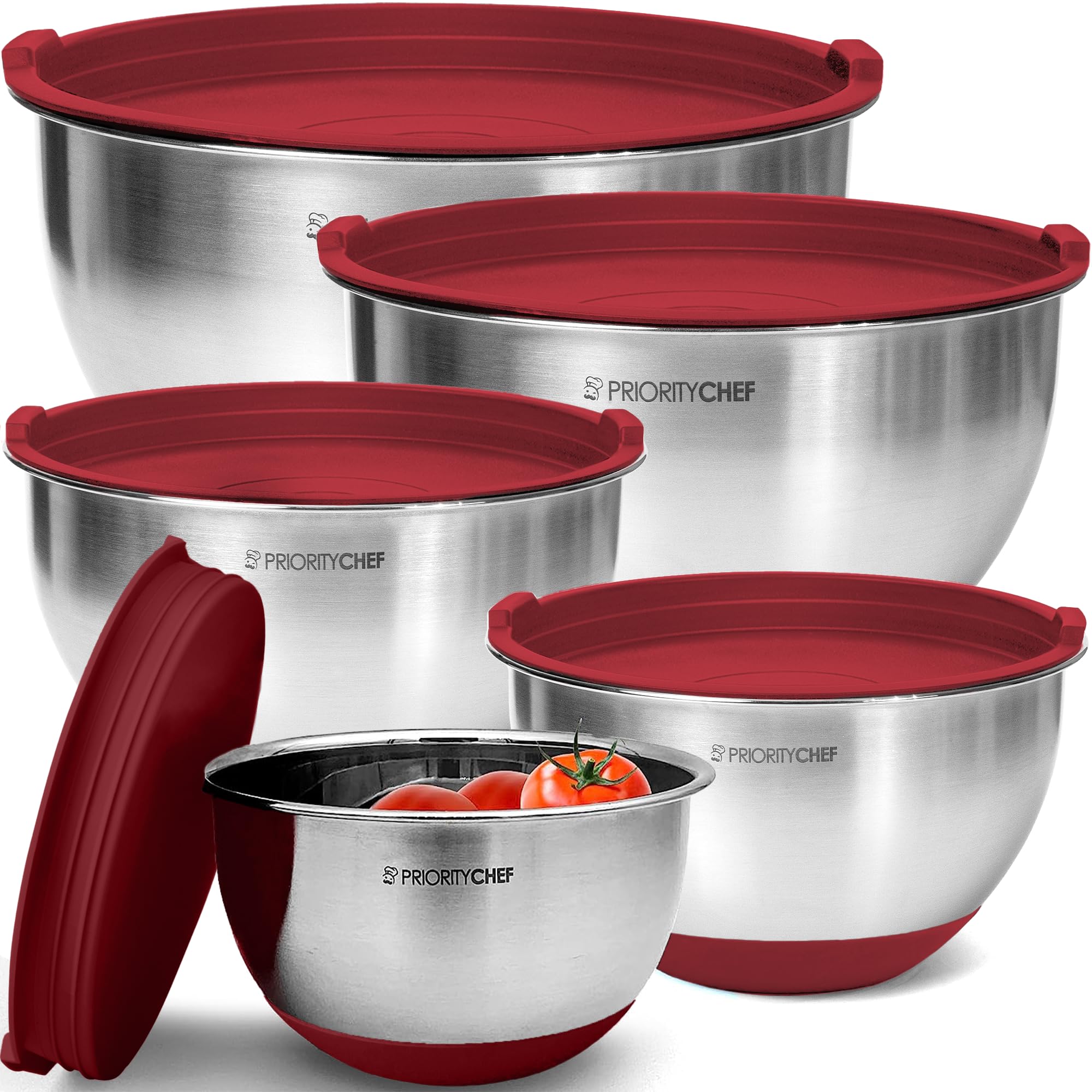 Priority Chef Set di ciotole di alta qualità con coperchi ermetici, set di ciotole in acciaio inossidabile più spesse, grandi ciotole in metallo con coperchi, ciotole per nidificazione per cucina,
