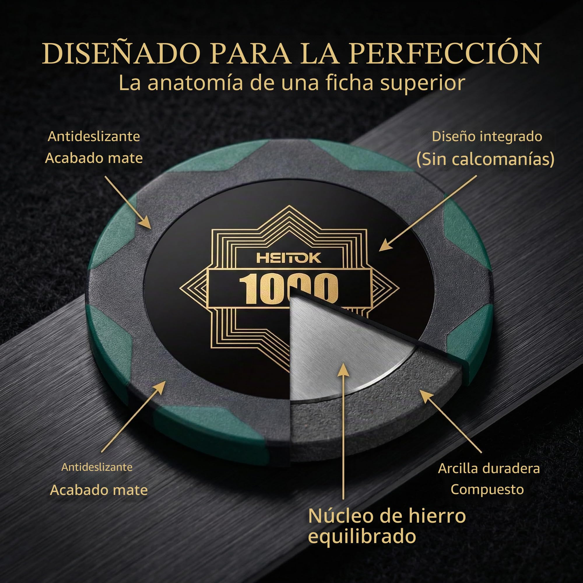 HEITOK Set de Fichas Poker Clay Composite 500 pzs 14g con maletín | 500 fichas, 14g, clay composite, valores numerados, 2-10 jugadores, Texas Holdem y Blackjack
