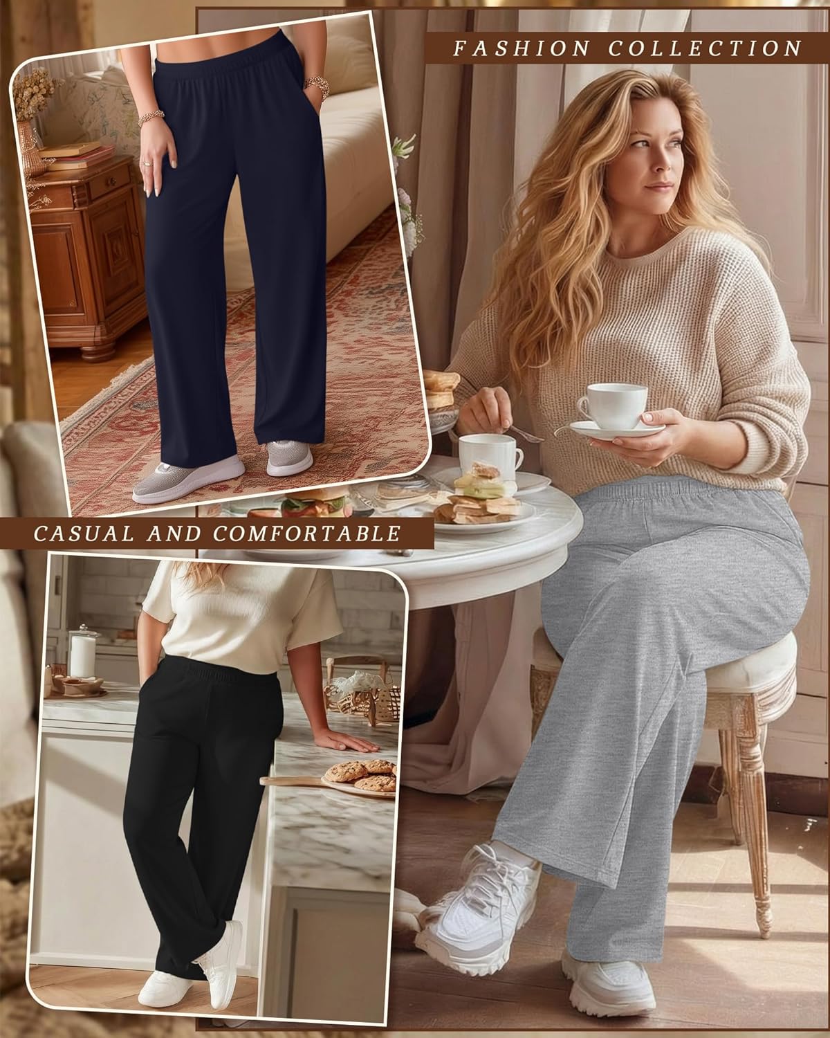 3 Pack Women's Plus Size Wide Leg Pants Baggy Yoga Pajama Pants Elastic Waist Casual Lounge Trousers with Pockets - Image 2