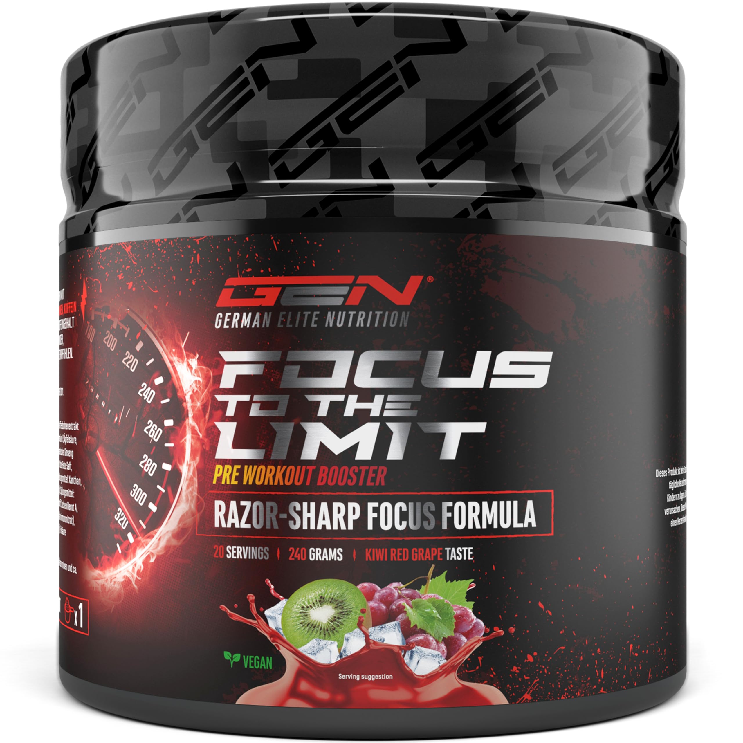 Focus to the Limit - Pre-Allenamento con L-Tirosina + Taurina + Inositolo + Estratto di Ginkgo + Citicolina + Radice di Rosa Rodiola + Caffeina e Vitamine - (240g, Gusto kiwi e uva Rossa)
