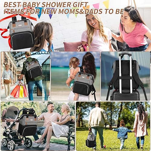 Miniatura 8 de Mochila para pañales bolsa de bebé grande para niños y niñas, Negro Gris, Mochila para pañales