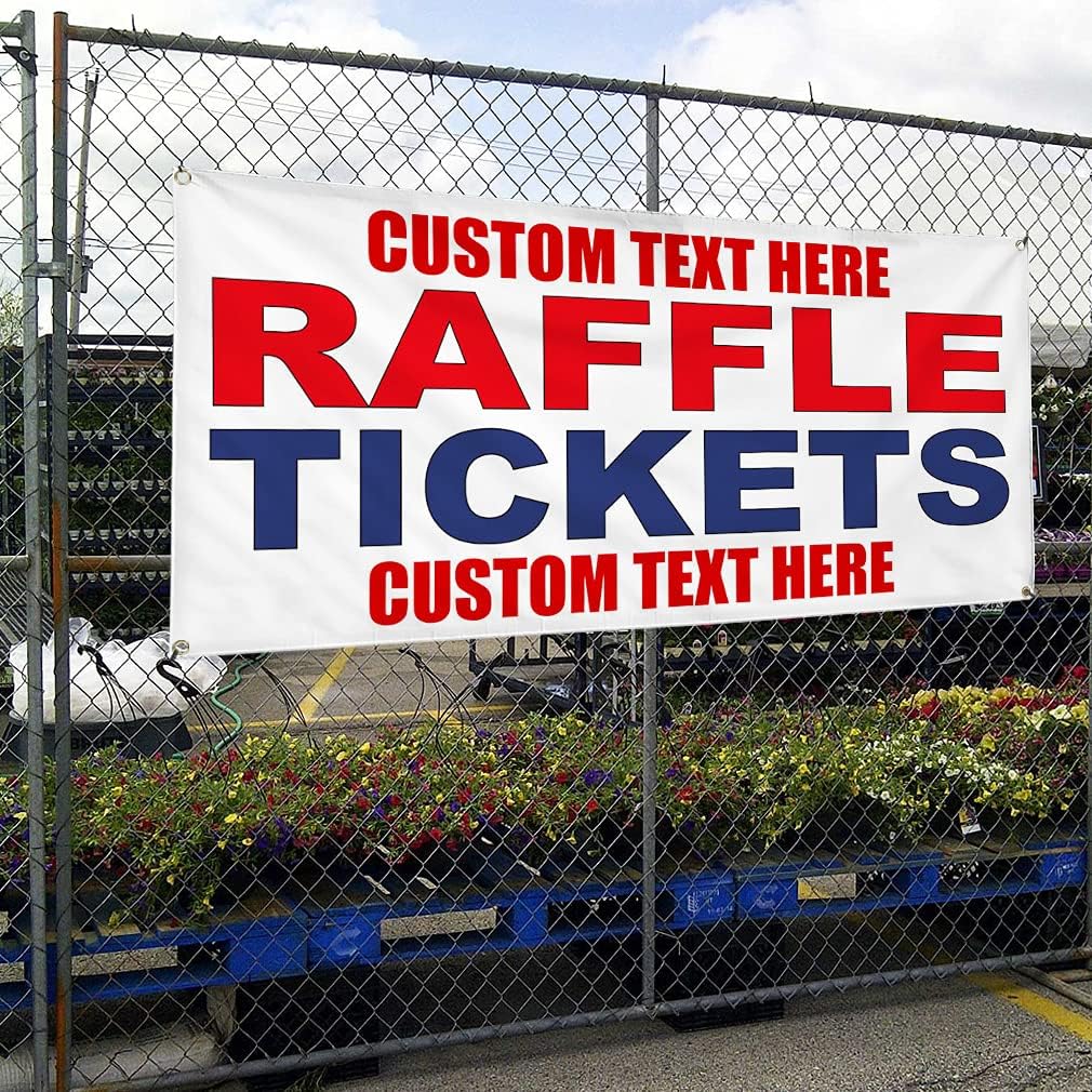 Custom Vinyl Banner Multiple Sizes Raffle Tickets Red Blue Fundraising Outdoor Weatherproof Industrial Yard Signs 4 Grommets Personalized Text Here 24x48Inches