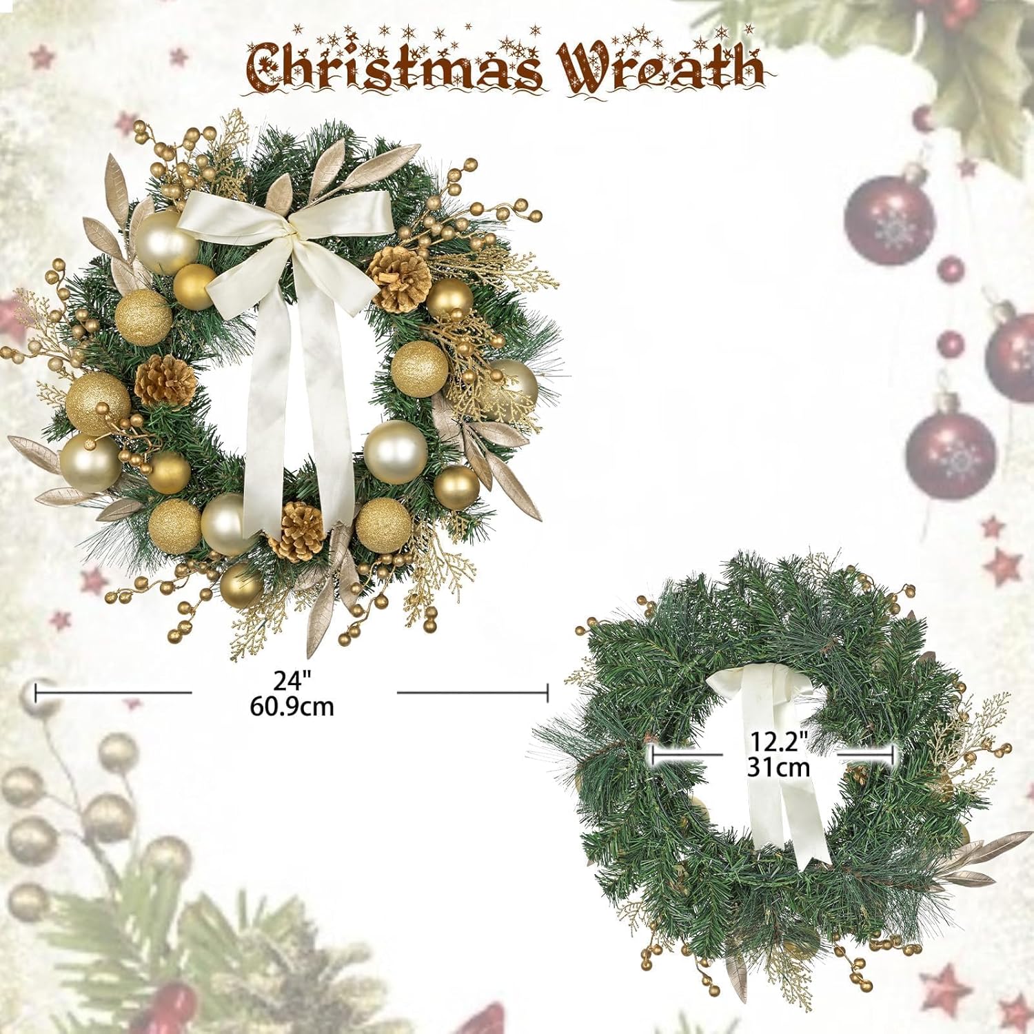 24 inch Christmas Door Wreath, Large Gold Wreaths for Front Door with Champagne Bow Golden Ball Glittered Leaf Spray Stems Pinecones for Fireplace Xmas Decorations, Wall Window Indoor Outdoor Decor - Image 3