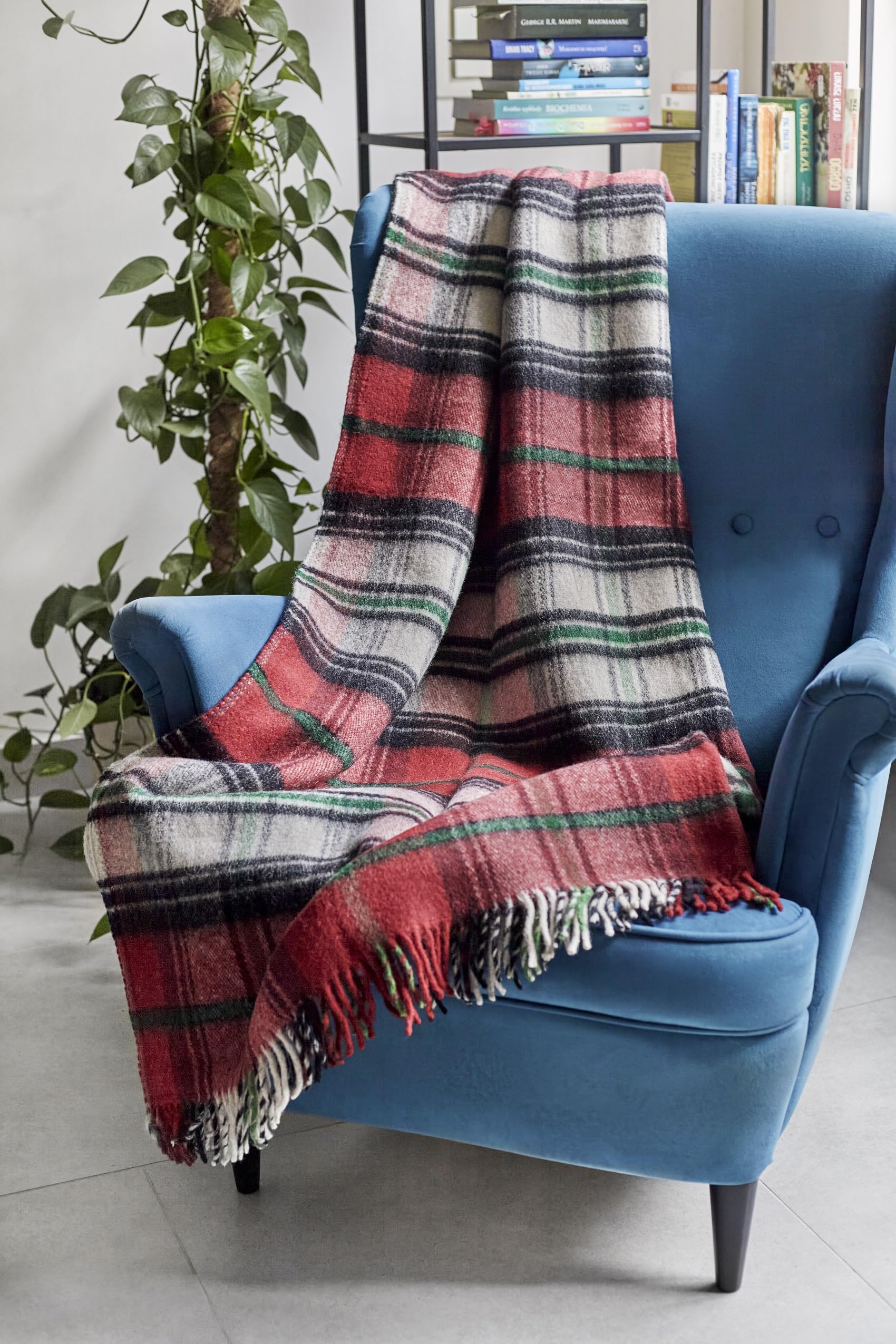 Coperta in lana merino, 160 x 200 cm, plaid matrimoniale, raffinato, caldo, motivo tartan (grigio e bordeaux)