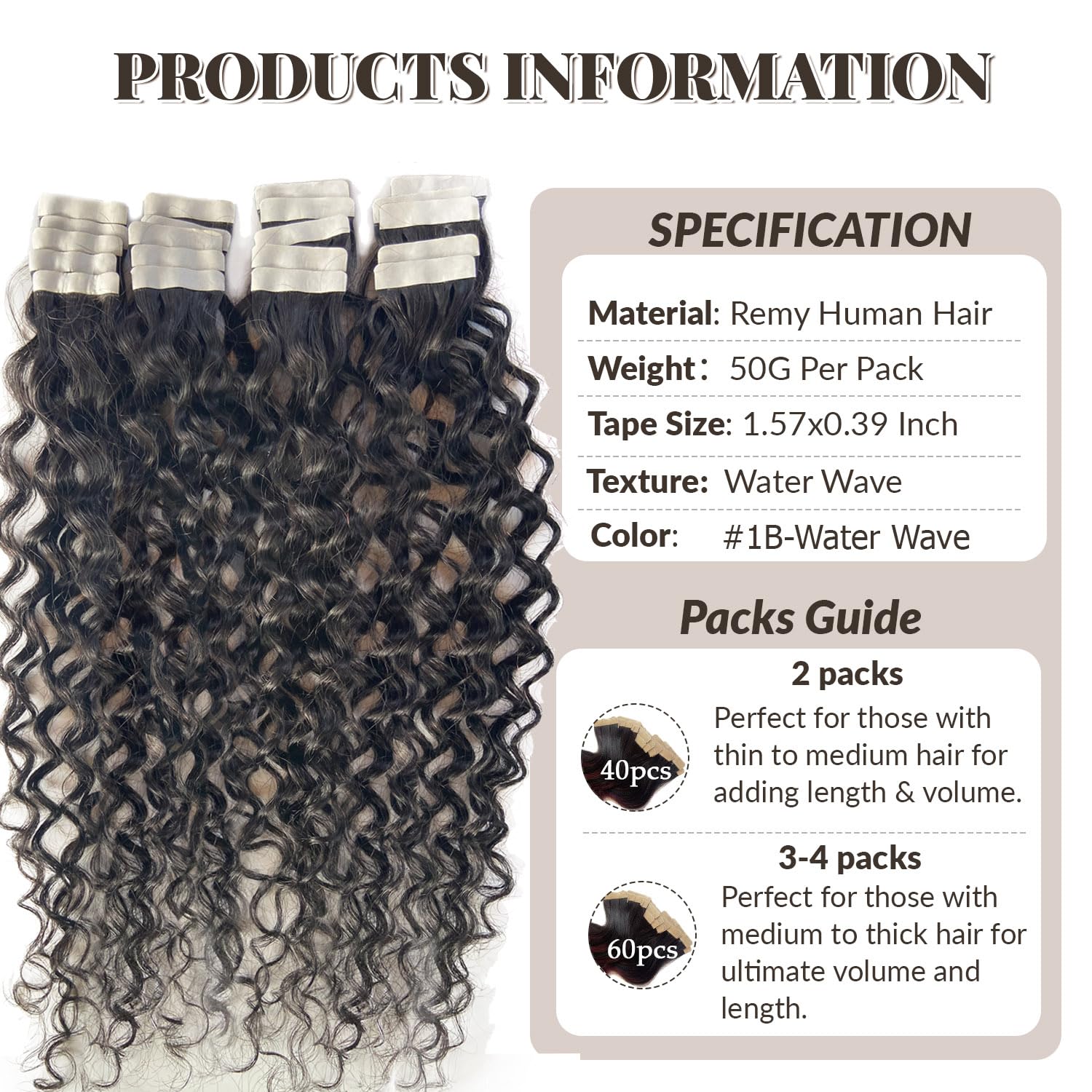 Water Wave Tape in Hair Extensions Human Hair, 20 Inch Natural Black Hair Extensions Real Remy Human Hair Tape ins for Black Women 50g/pack 20pcs Double Sided Invisible Tape in Extension