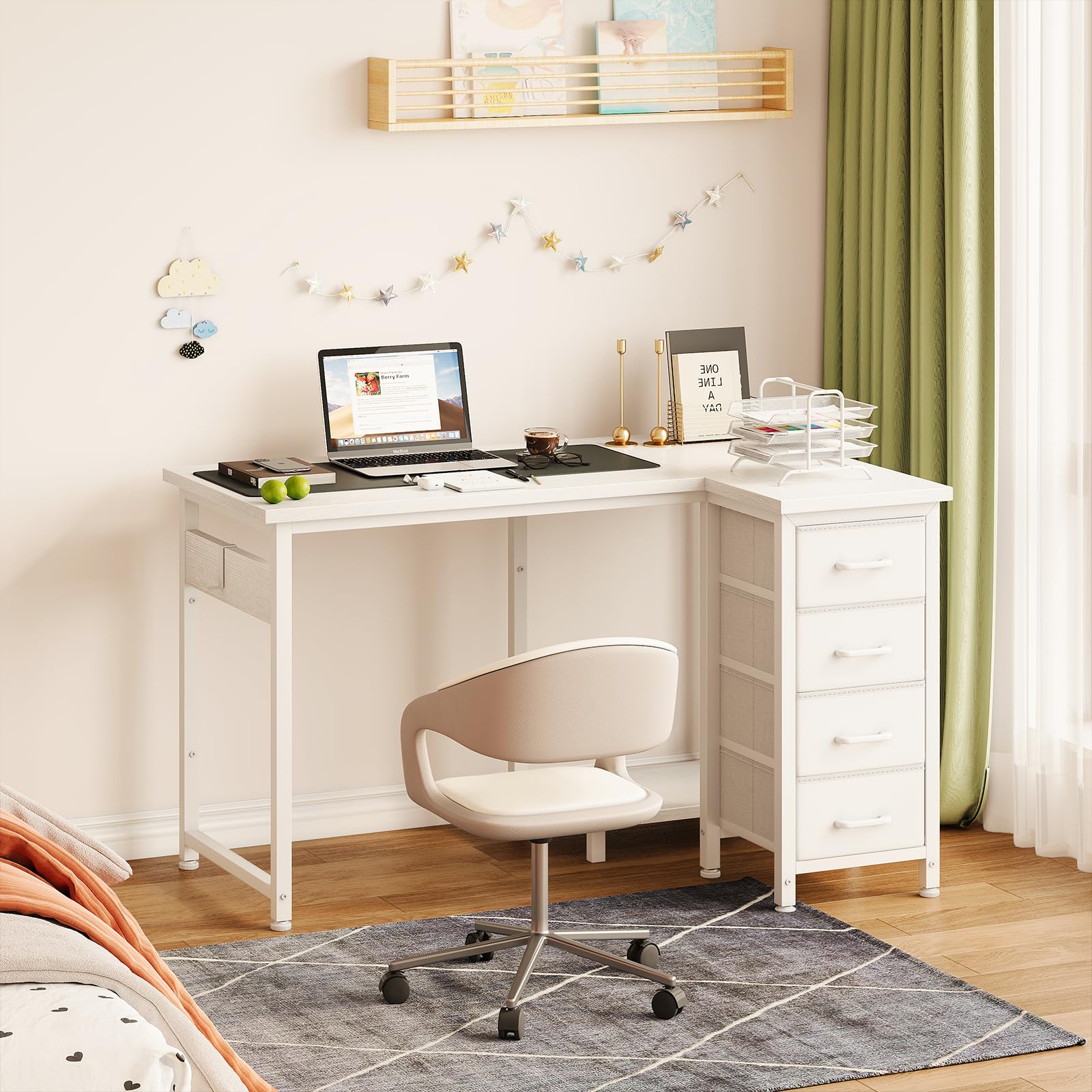 Coleshome Scrivania Angolare, 100x70cm Scrivania a L con 4 Cassetti, Tavolo Computer Reversibile per Ufficio/Camera da Letto, Bianco