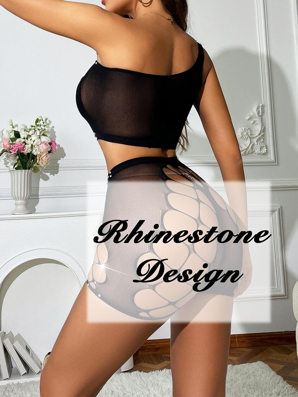 Sexy Fishnet Bodysuit, Rave Outfits for Women Two-Piece Set Lingerie Romper Rhinestone Mesh Exotic Dancewear